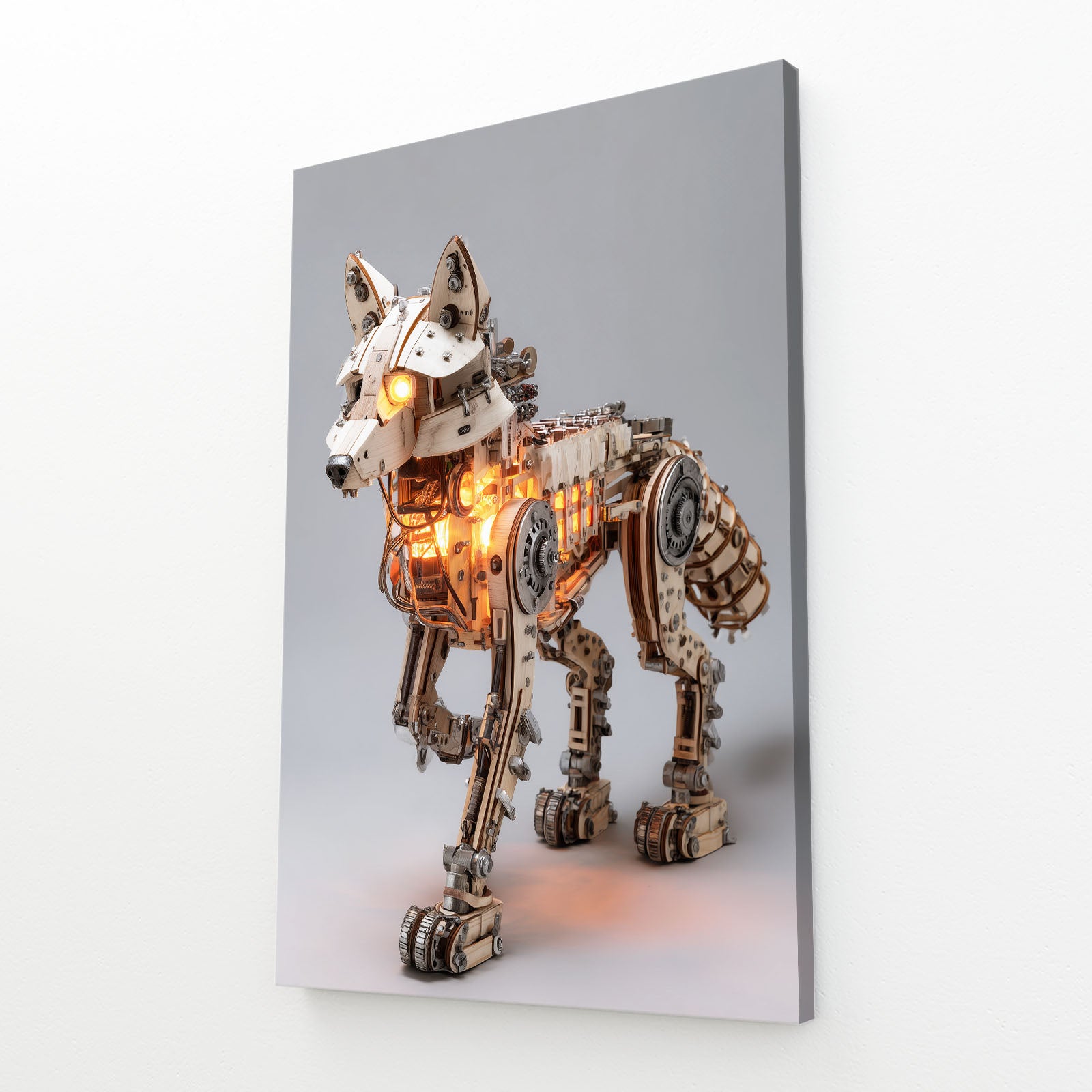 Mechanical Brass Wolf Steampunk Wall Art – angled canvas view on white background