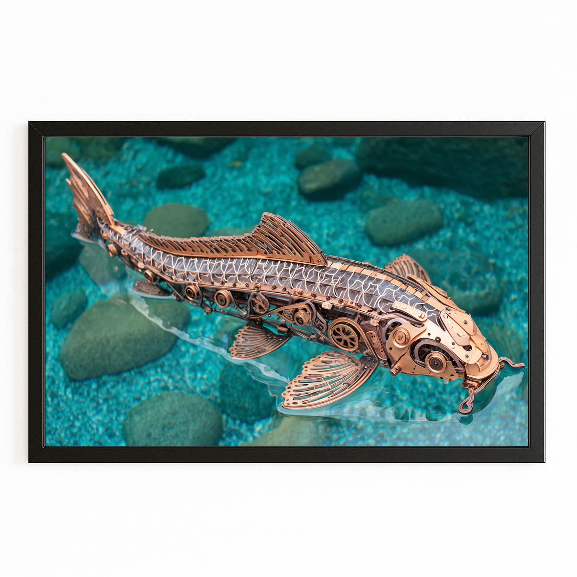 Mechanical Copper Sturgeon Steampunk Canvas – with Premium Black frame on white background