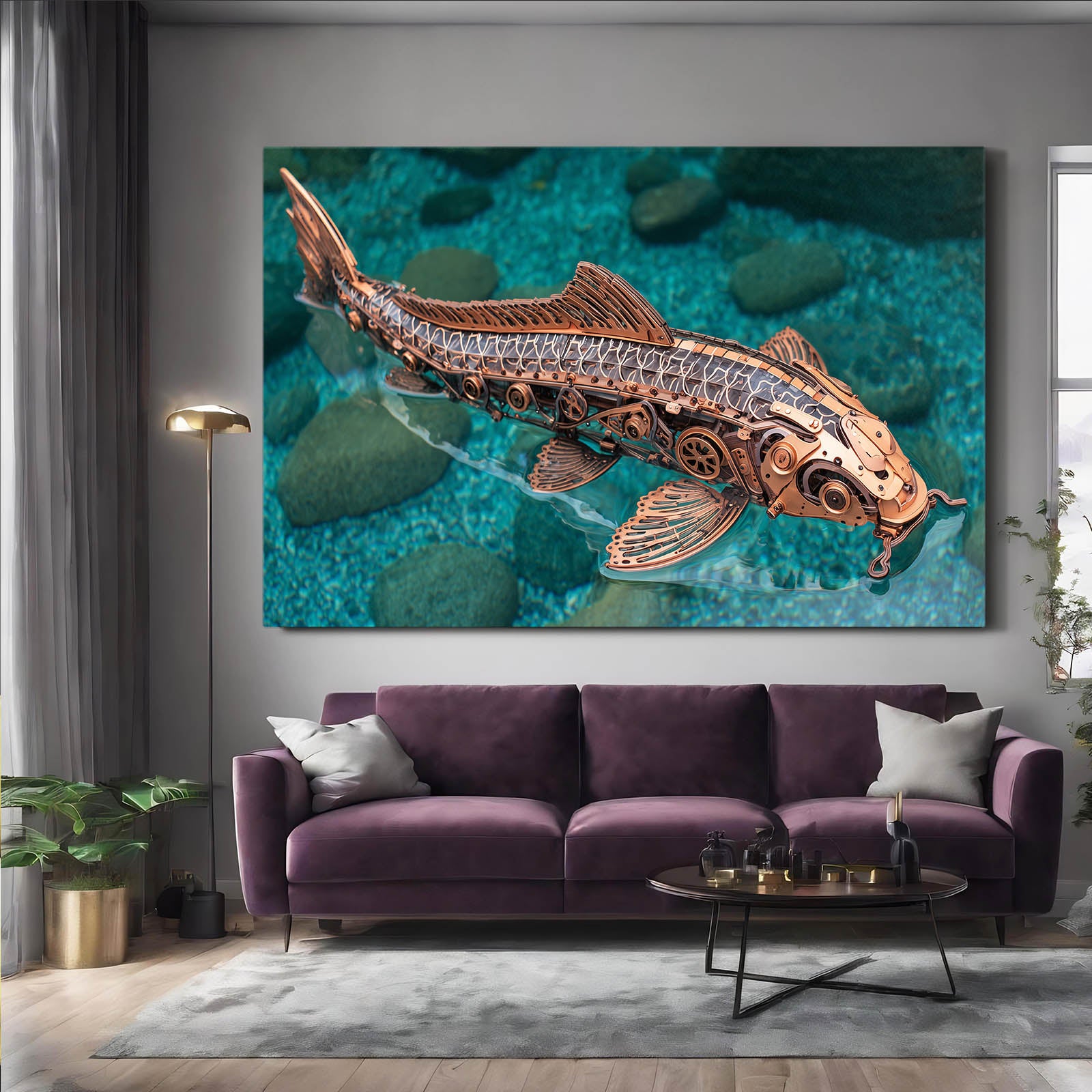 Mechanical Copper Sturgeon Steampunk Canvas – styled in a furnished interior