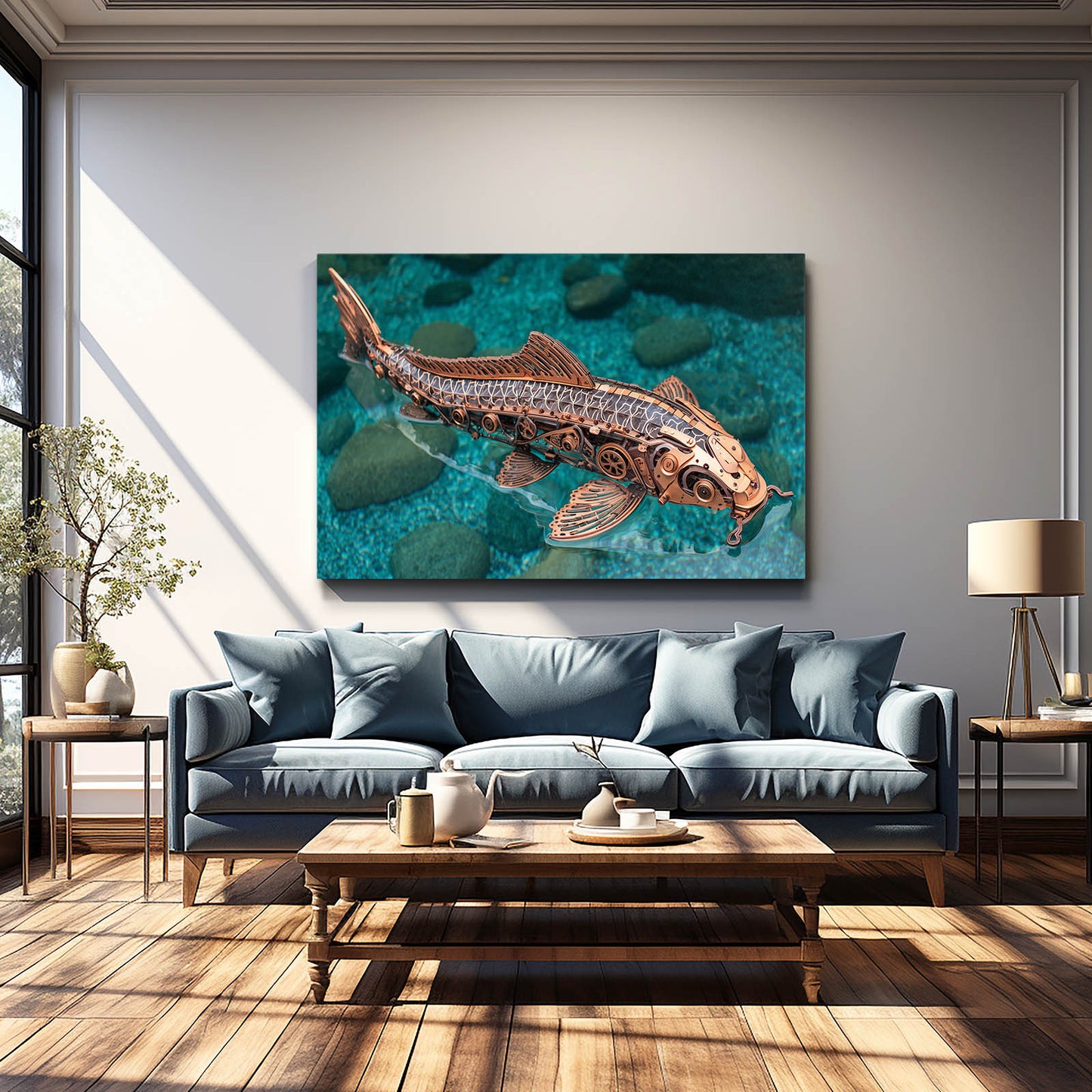 Mechanical Copper Sturgeon Steampunk Canvas – styled in a furnished interior