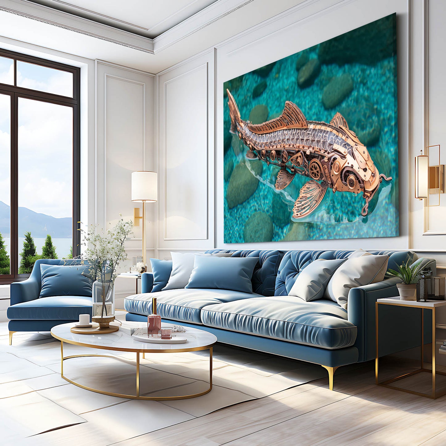 Mechanical Copper Sturgeon Steampunk Canvas – styled in a furnished interior