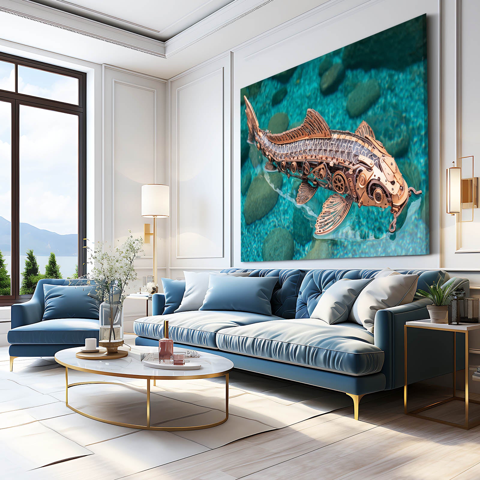 Mechanical Copper Sturgeon Steampunk Canvas – styled in a furnished interior