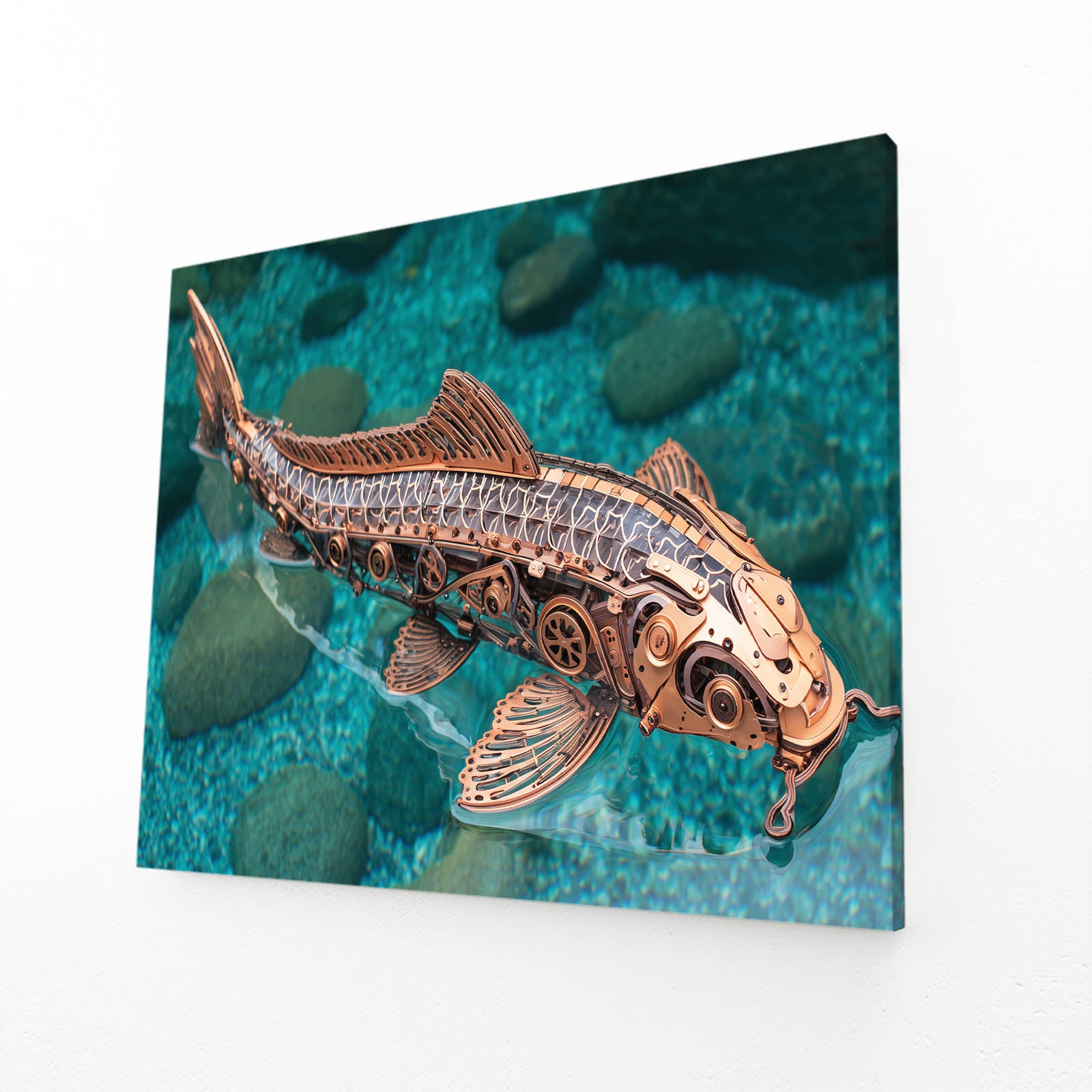 Mechanical Copper Sturgeon Steampunk Canvas – angled canvas view on white background