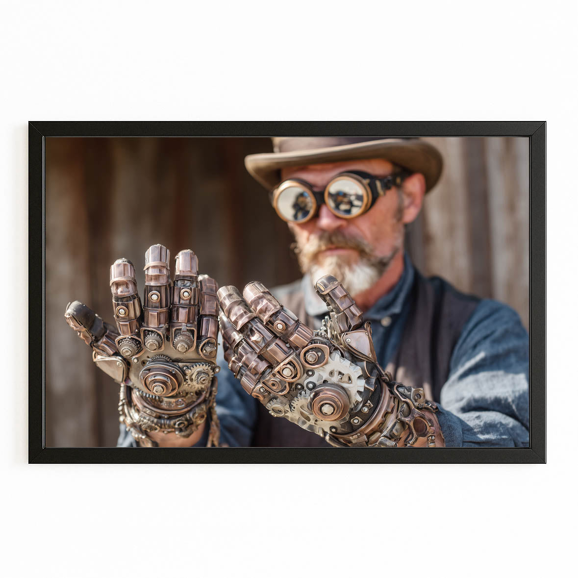 Mechanical Glove Inventor Steampunk Canvas Art – with Premium Black frame on white background