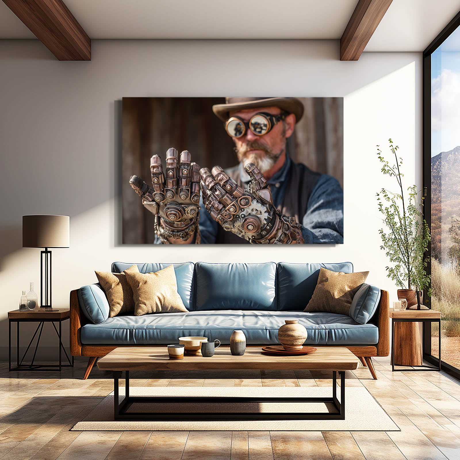 Mechanical Glove Inventor Steampunk Canvas Art – styled in a furnished interior