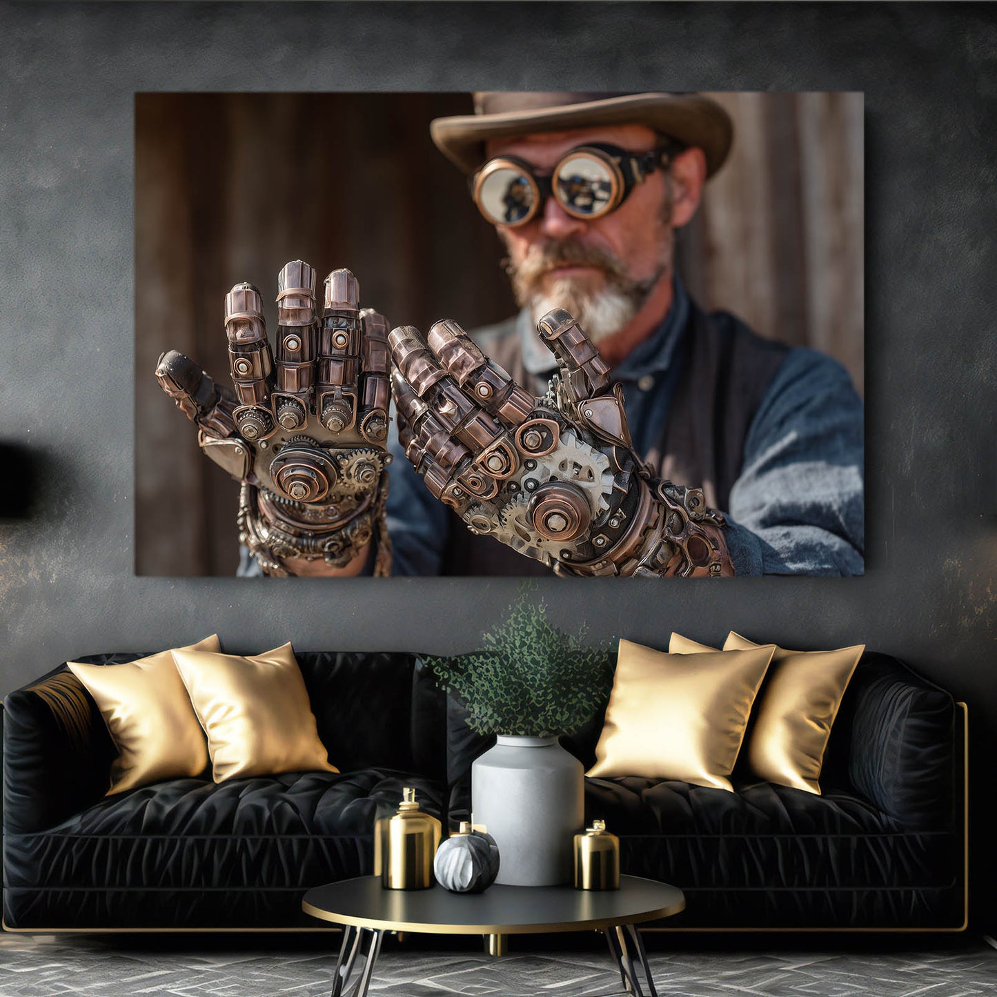 Mechanical Glove Inventor Steampunk Canvas Art – styled in a furnished interior