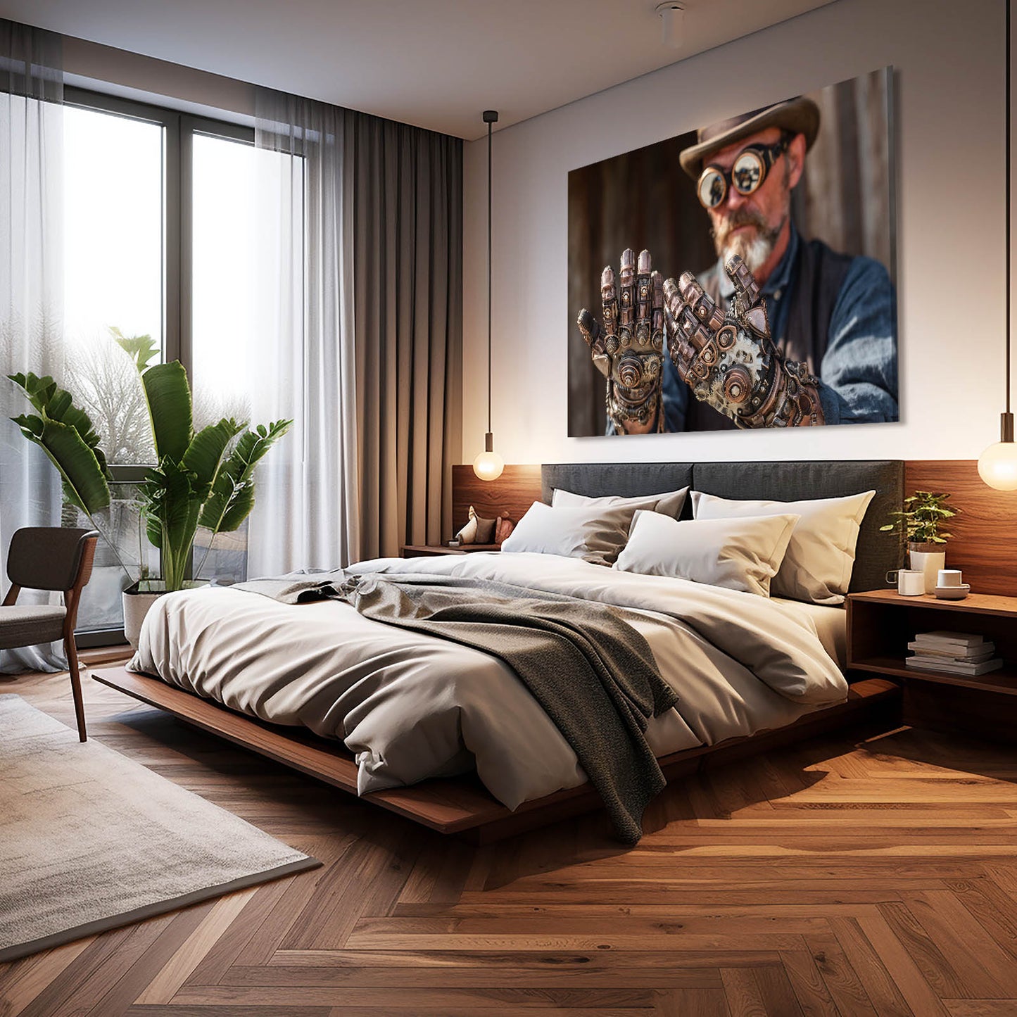 Mechanical Glove Inventor Steampunk Canvas Art – styled in a furnished interior