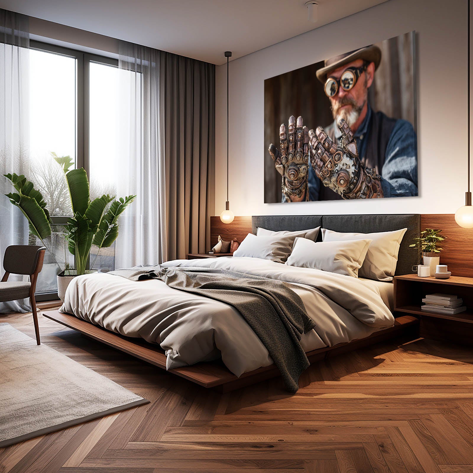 Mechanical Glove Inventor Steampunk Canvas Art – styled in a furnished interior