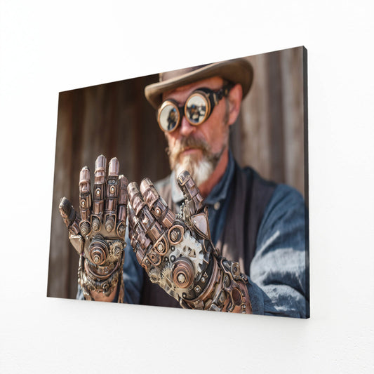 Mechanical Glove Inventor Steampunk Canvas Art – angled canvas view on white background