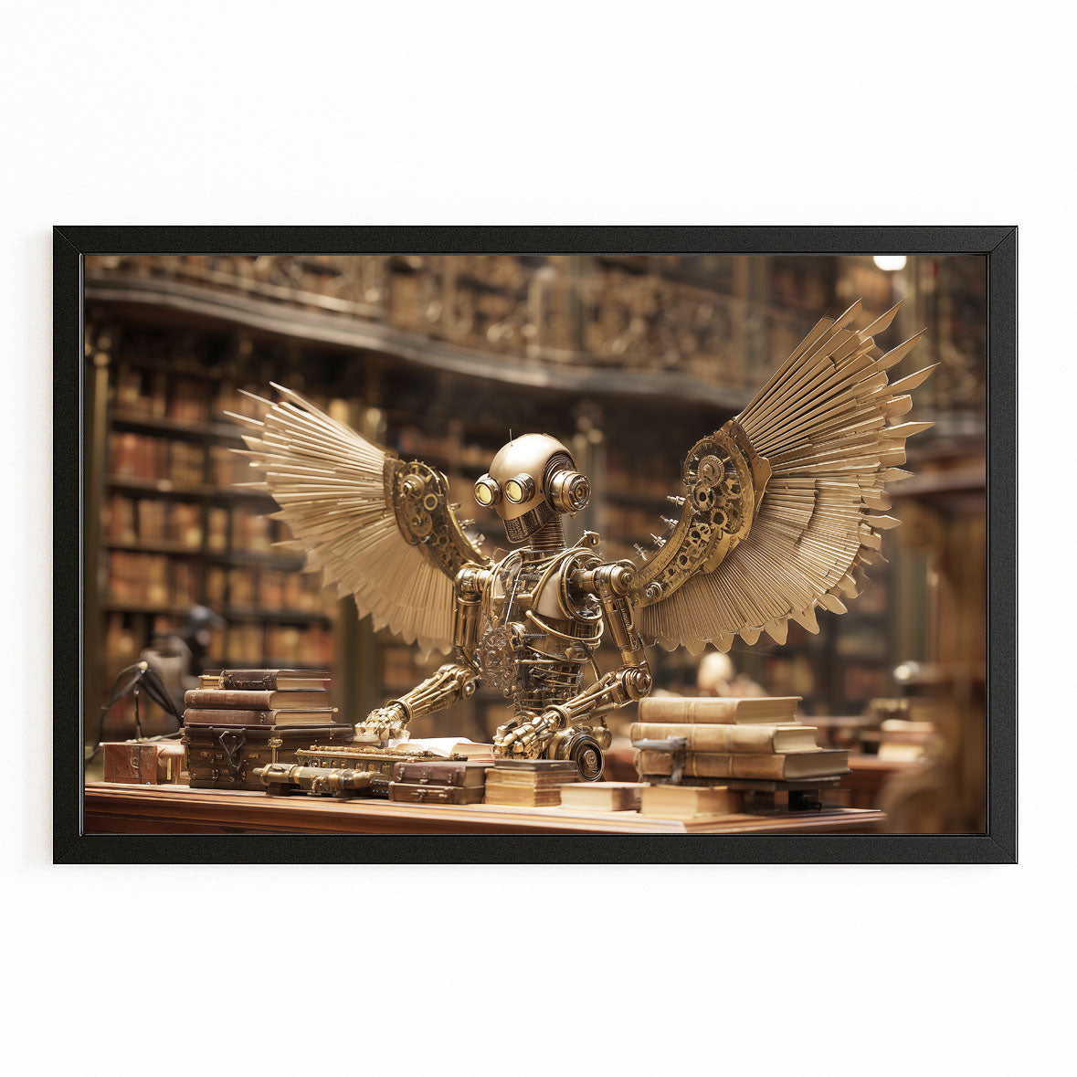 Mechanical Library Owl Steampunk Wall Decor – with Premium Black frame on white background
