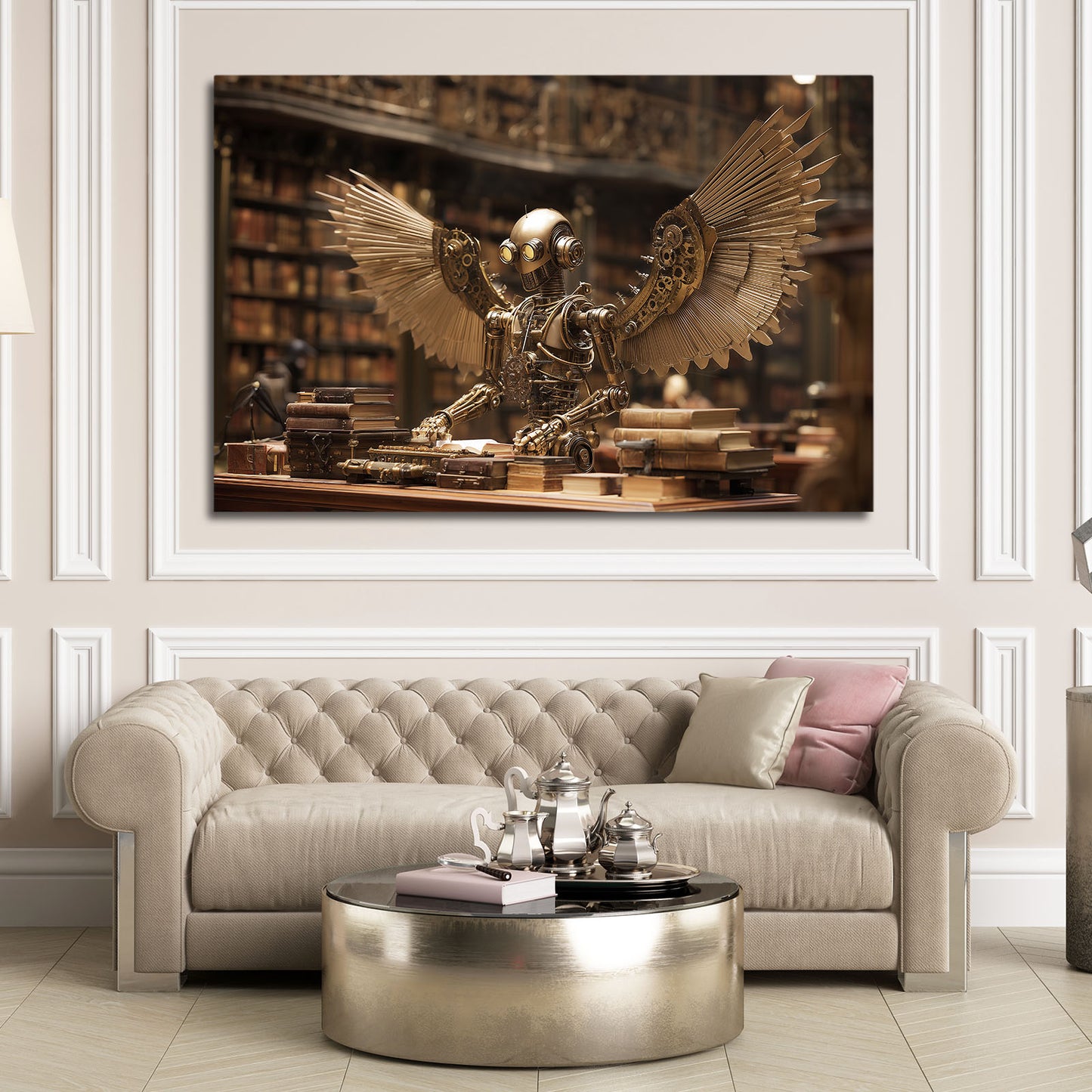 Mechanical Library Owl Steampunk Wall Decor – styled in a furnished interior
