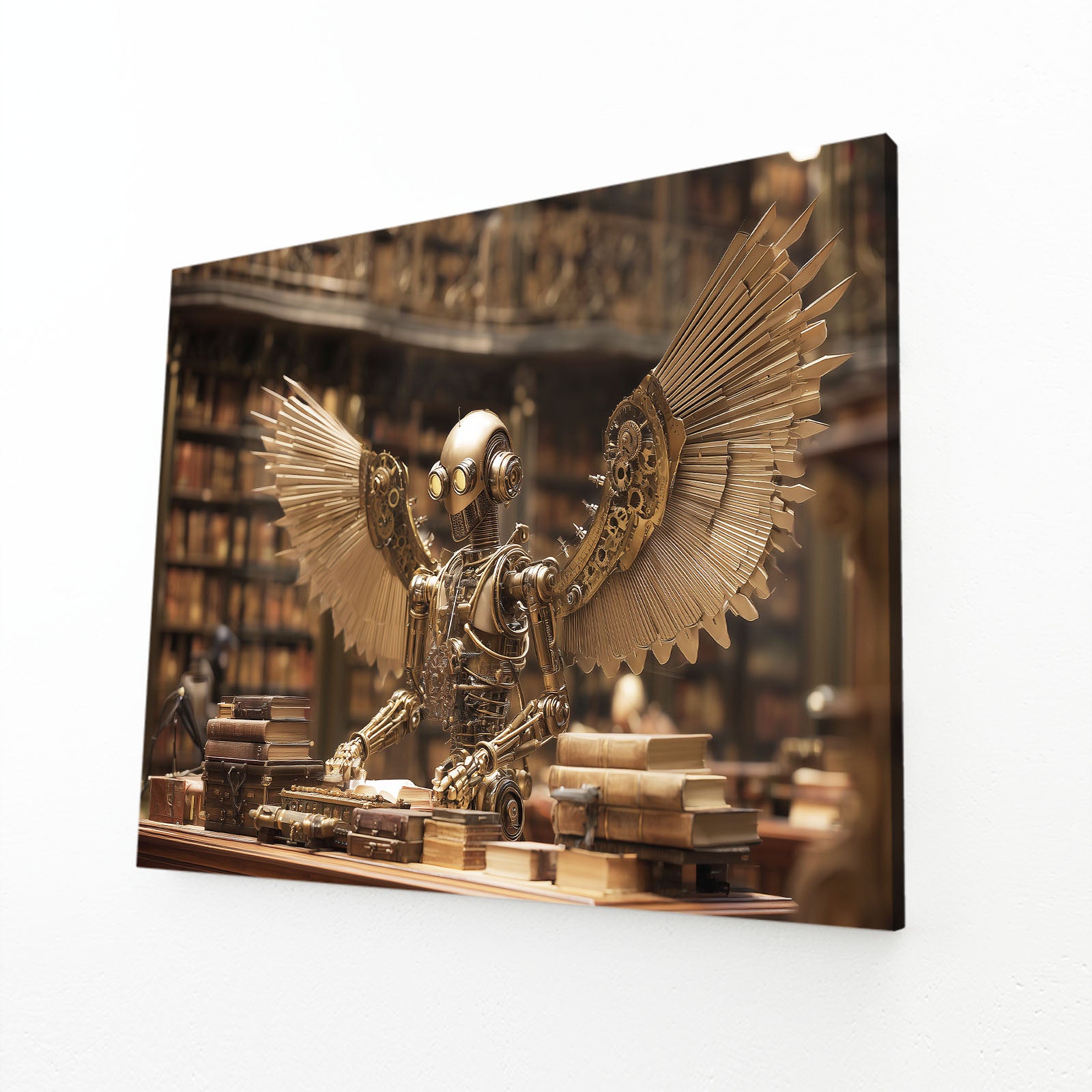 Mechanical Library Owl Steampunk Wall Decor – angled canvas view on white background