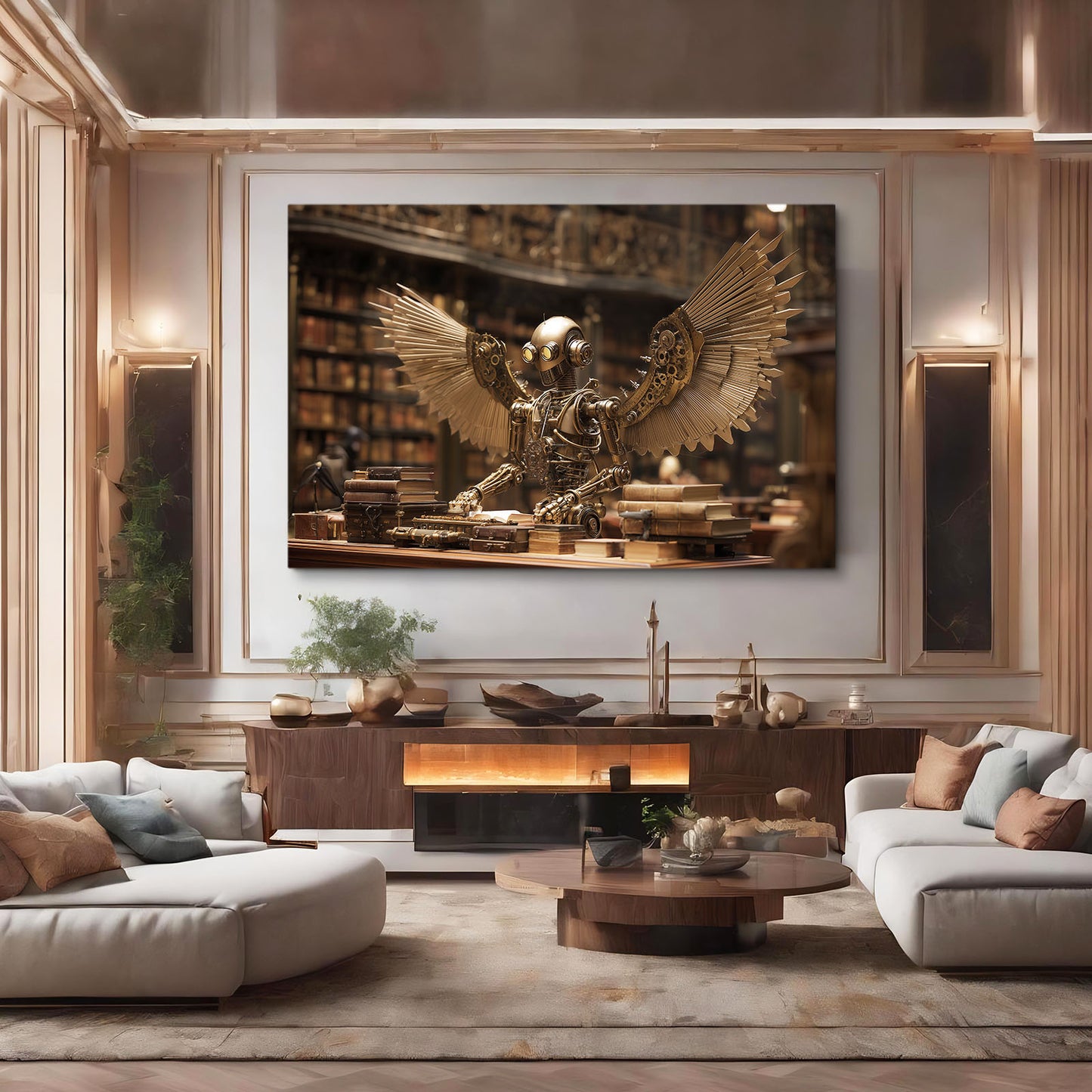 Mechanical Library Owl Steampunk Wall Decor – styled in a furnished interior