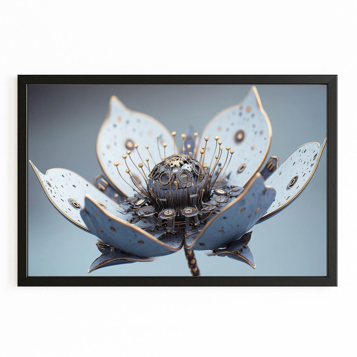 Mechanical Lotus Bloom Steampunk Prints – with Premium Black frame on white background
