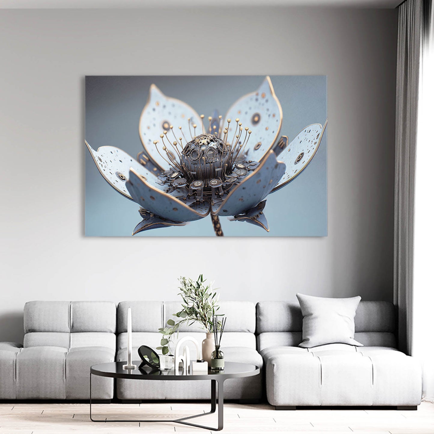 Mechanical Lotus Bloom Steampunk Prints – styled in a furnished interior