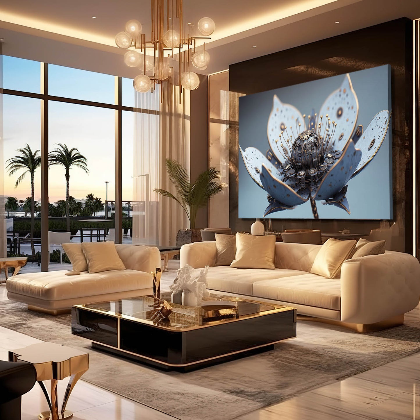 Mechanical Lotus Bloom Steampunk Prints – styled in a furnished interior