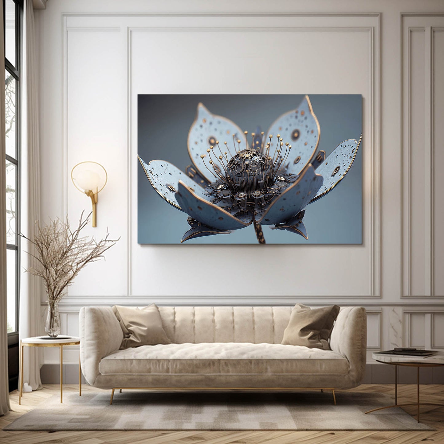 Mechanical Lotus Bloom Steampunk Prints – styled in a furnished interior