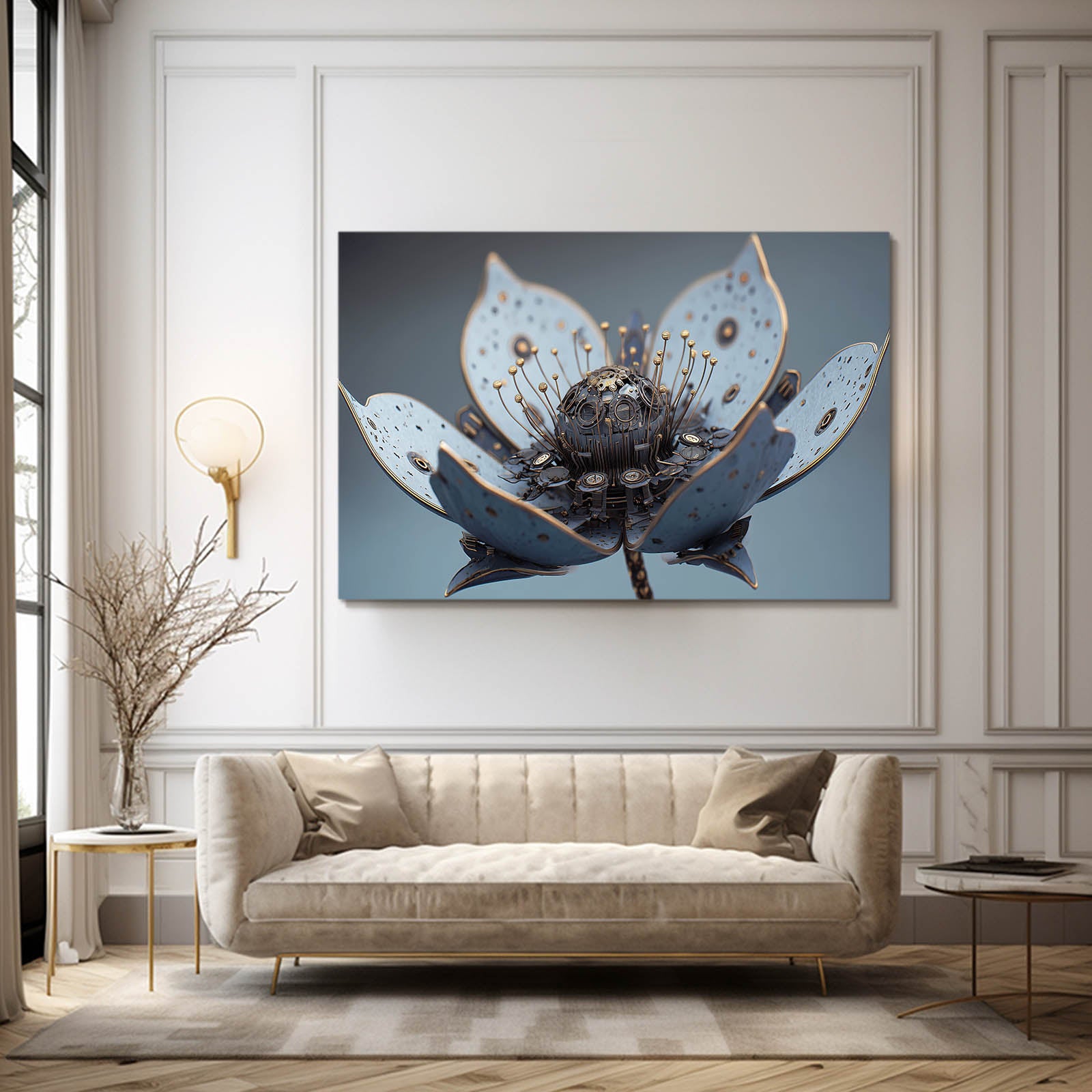 Mechanical Lotus Bloom Steampunk Prints – styled in a furnished interior