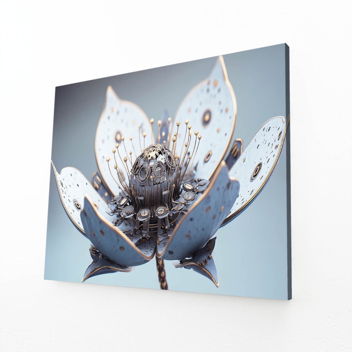 Mechanical Lotus Bloom Steampunk Prints – angled canvas view on white background