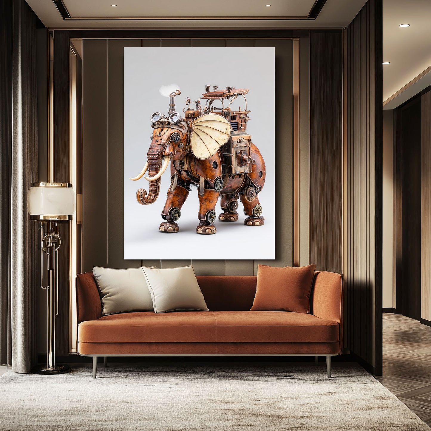 Mechanical Parasol Elephant Steampunk Canvas – styled in a furnished interior