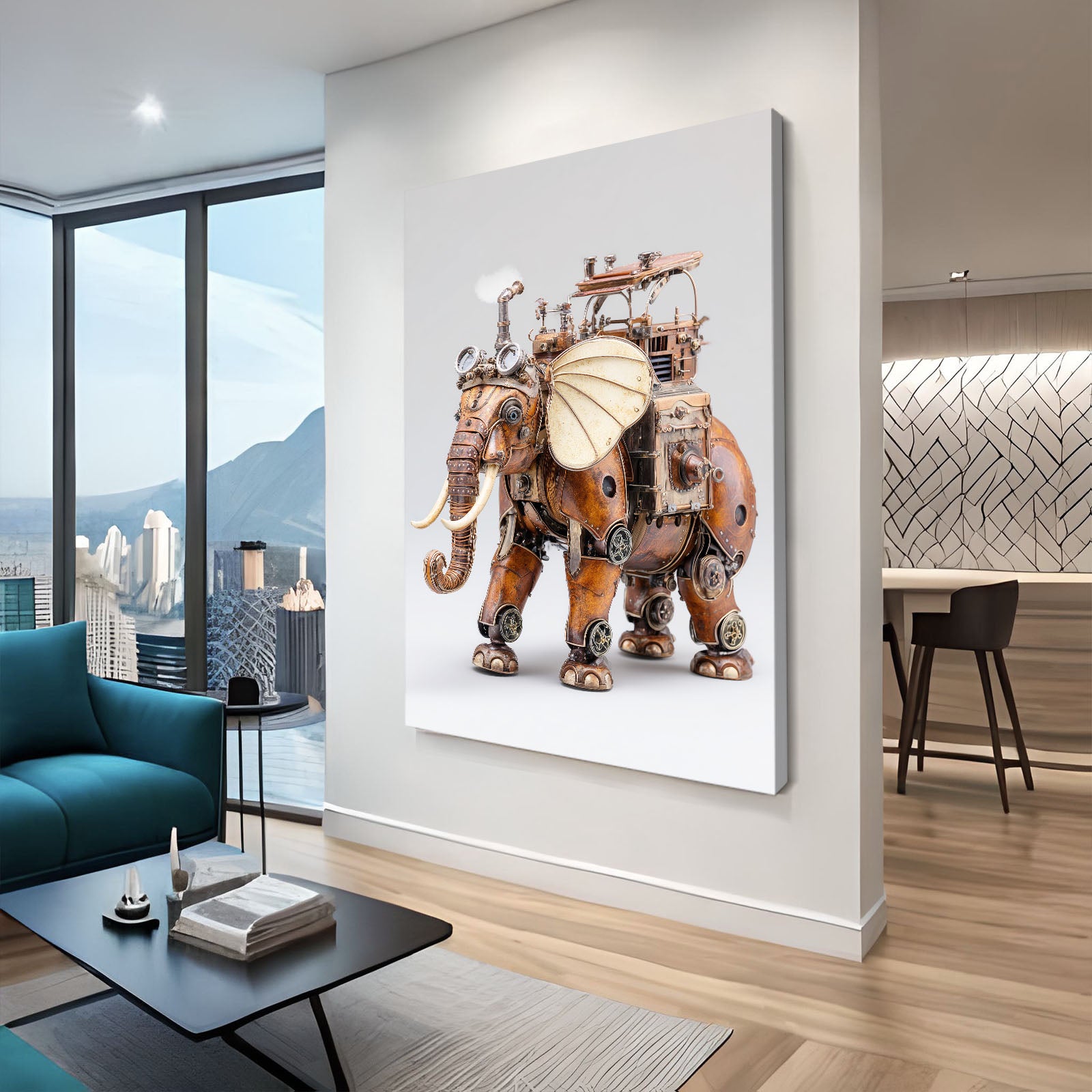 Mechanical Parasol Elephant Steampunk Canvas – styled in a furnished interior