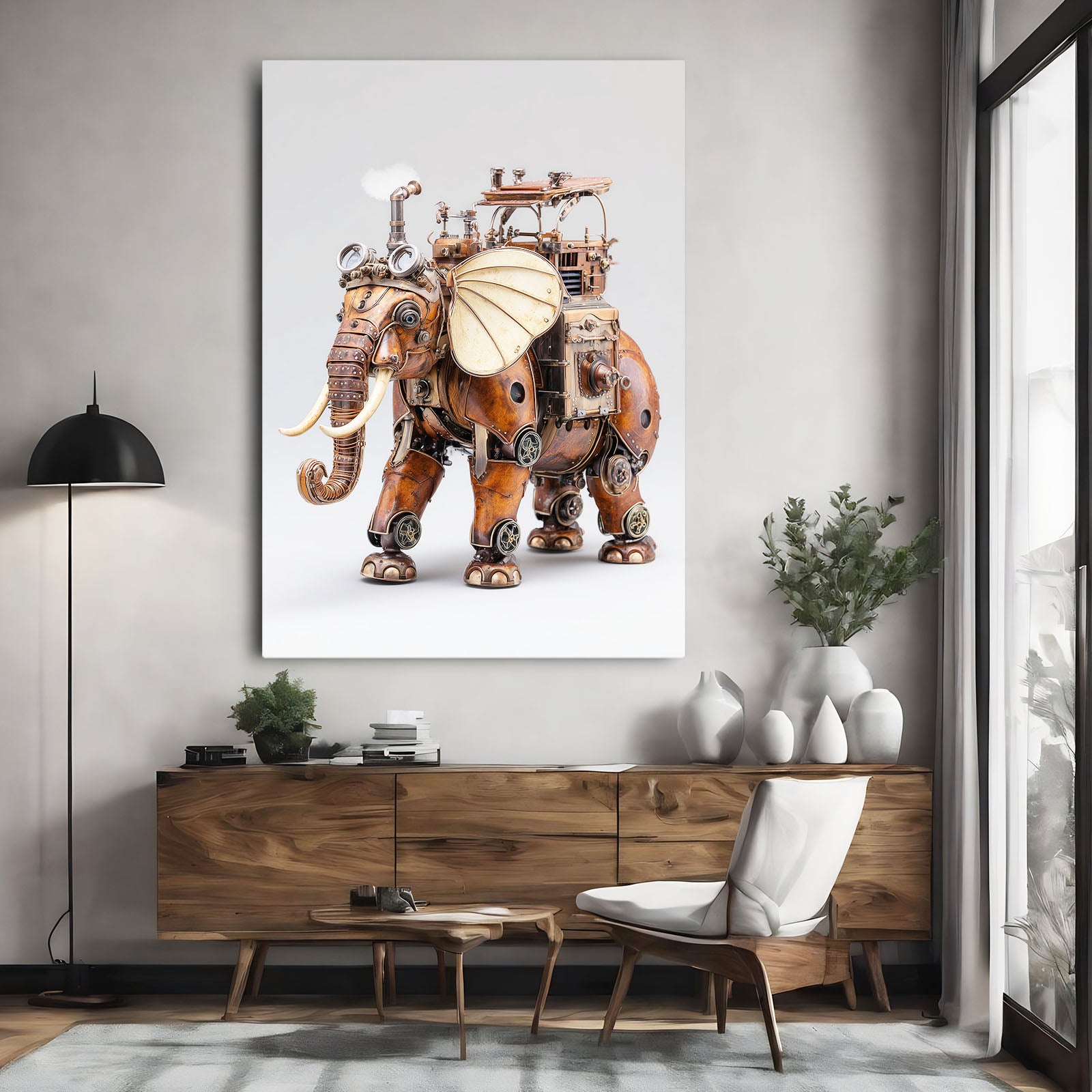 Mechanical Parasol Elephant Steampunk Canvas – styled in a furnished interior
