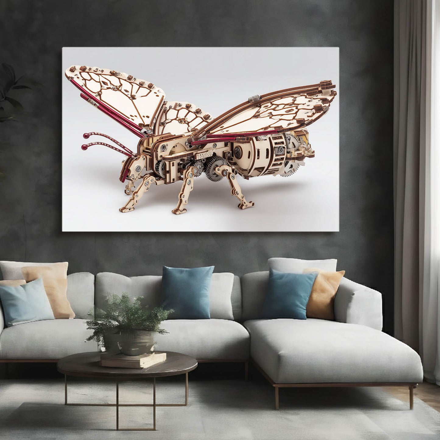 Mechanical Steam Bee Steampunk Canvas Art – styled in a furnished interior