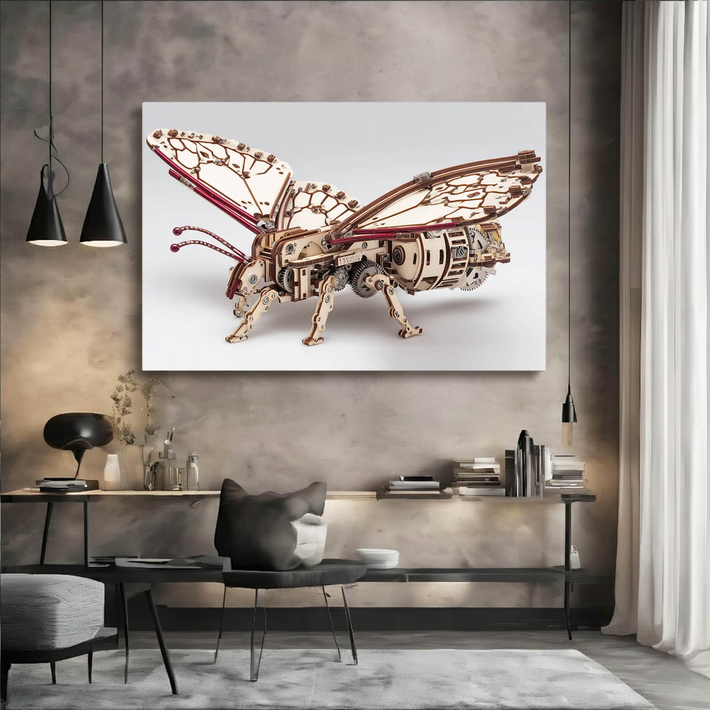 Mechanical Steam Bee Steampunk Canvas Art – styled in a furnished interior