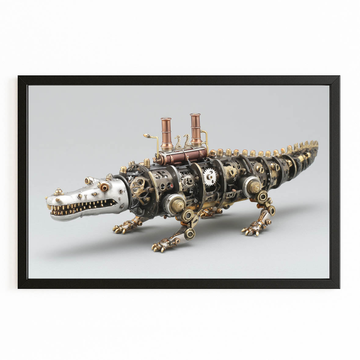 Mechanical Steam Crocodile Steampunk Canvas – with Premium Black frame on white background