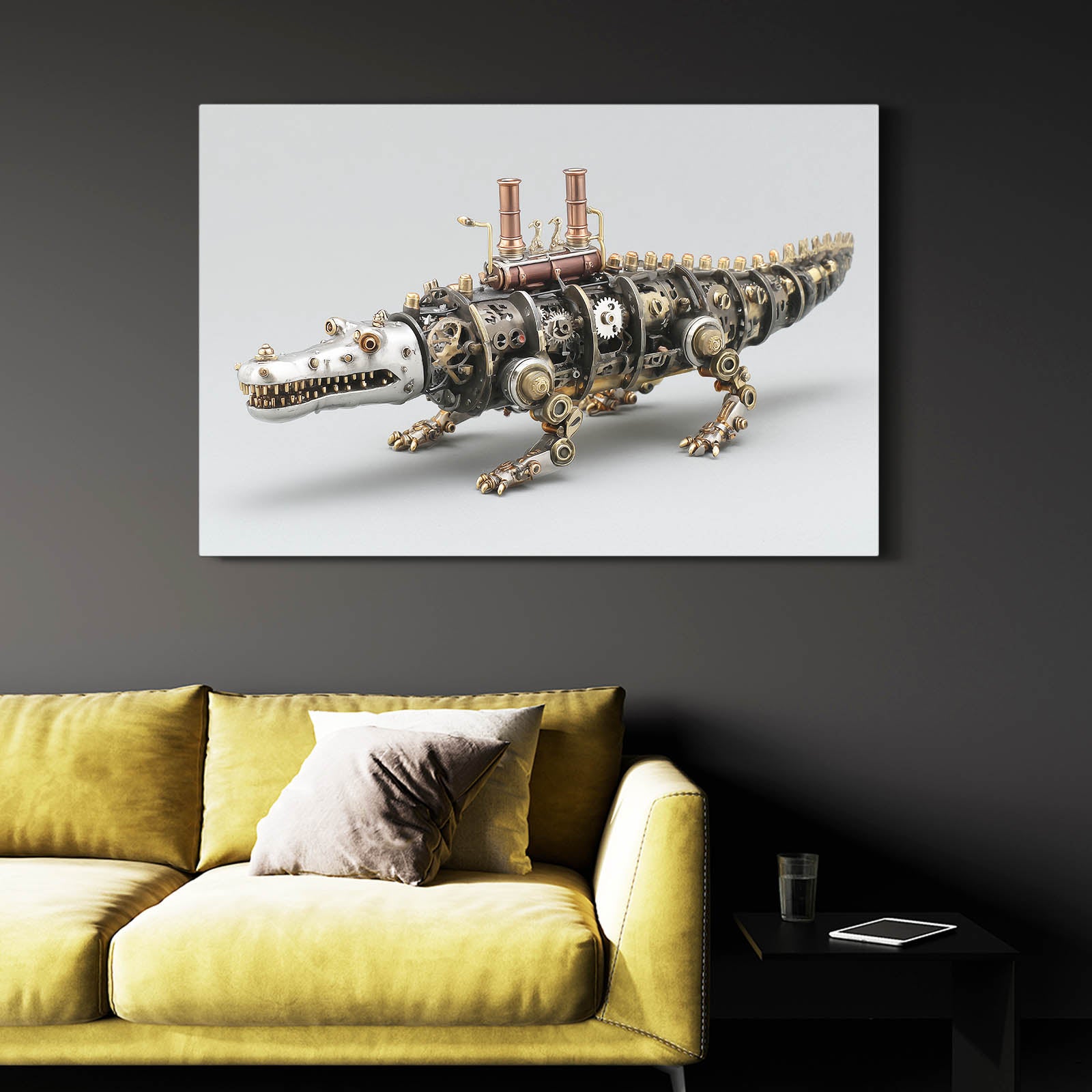 Mechanical Steam Crocodile Steampunk Canvas – styled in a furnished interior