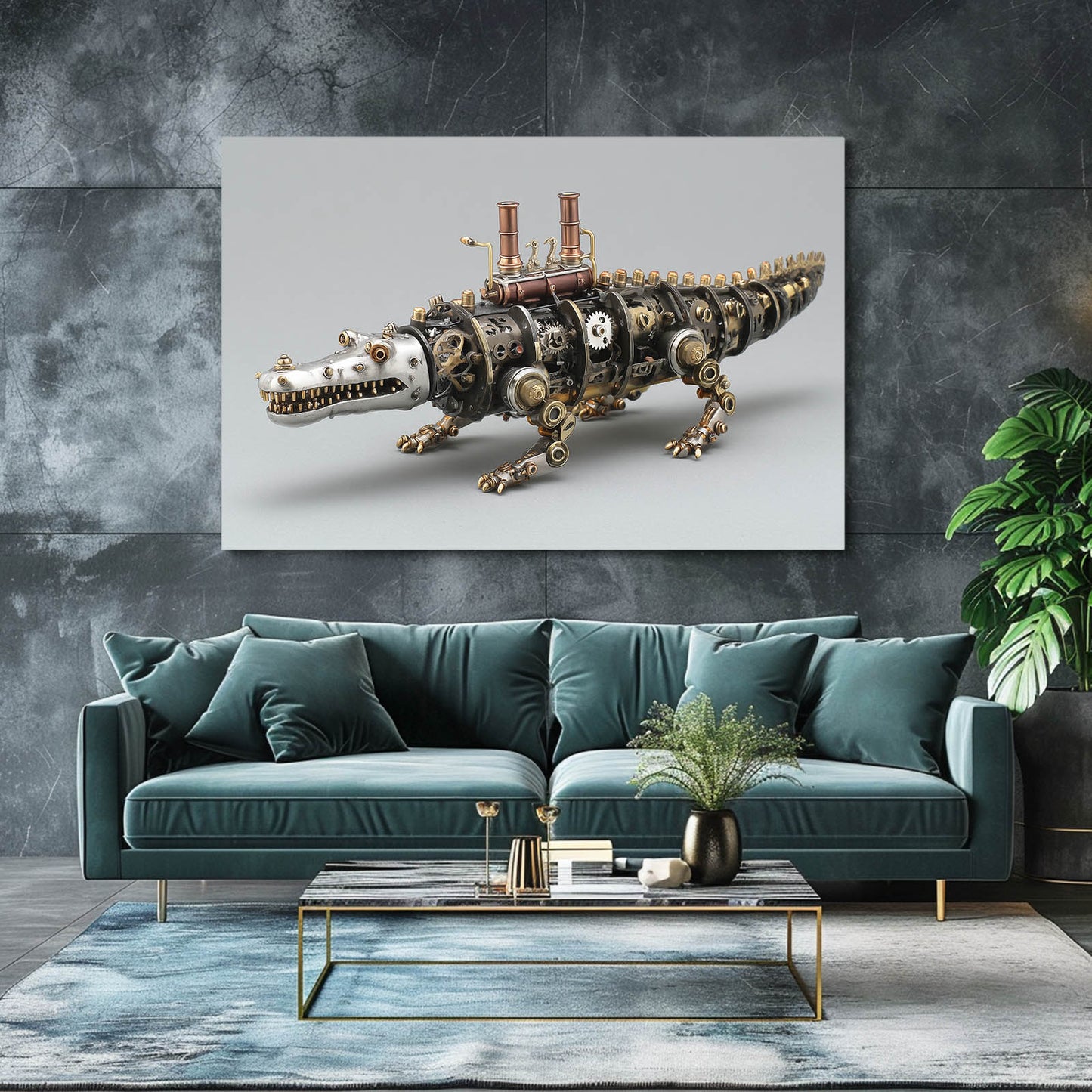 Mechanical Steam Crocodile Steampunk Canvas – styled in a furnished interior