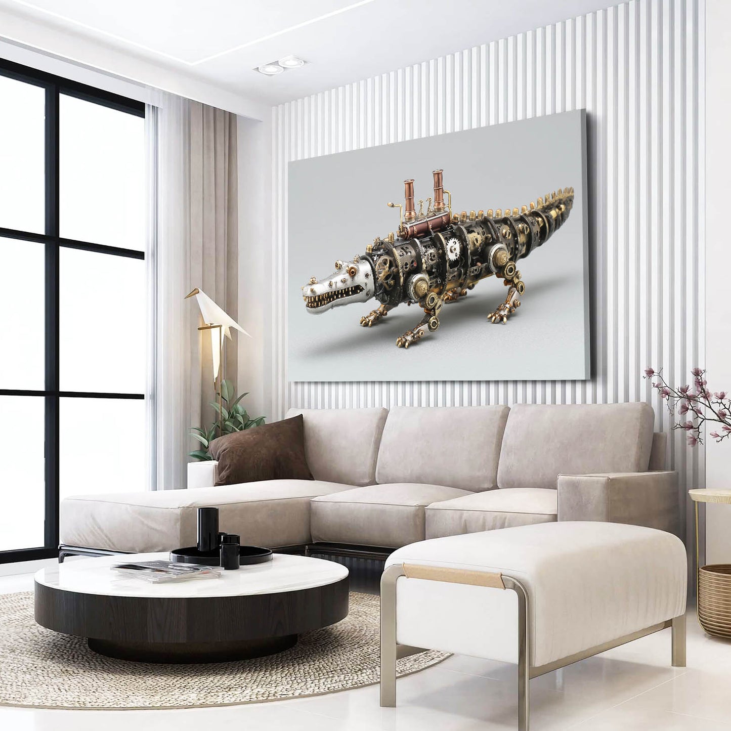 Mechanical Steam Crocodile Steampunk Canvas – styled in a furnished interior