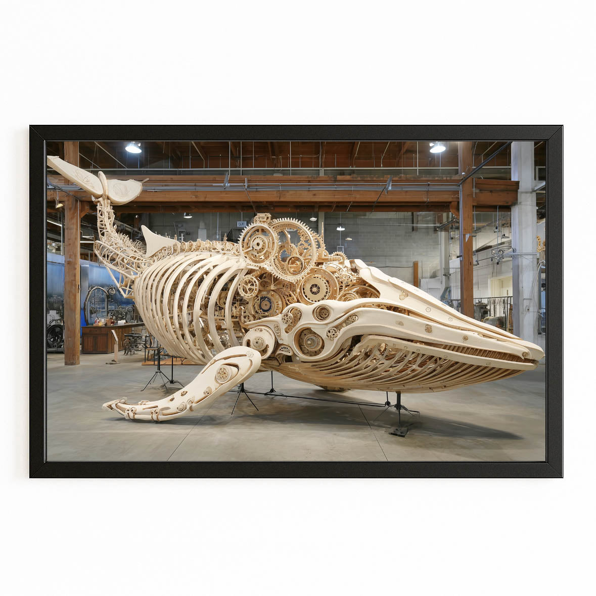 Mechanical Whale Skeleton Steampunk Canvas Art – with Premium Black frame on white background