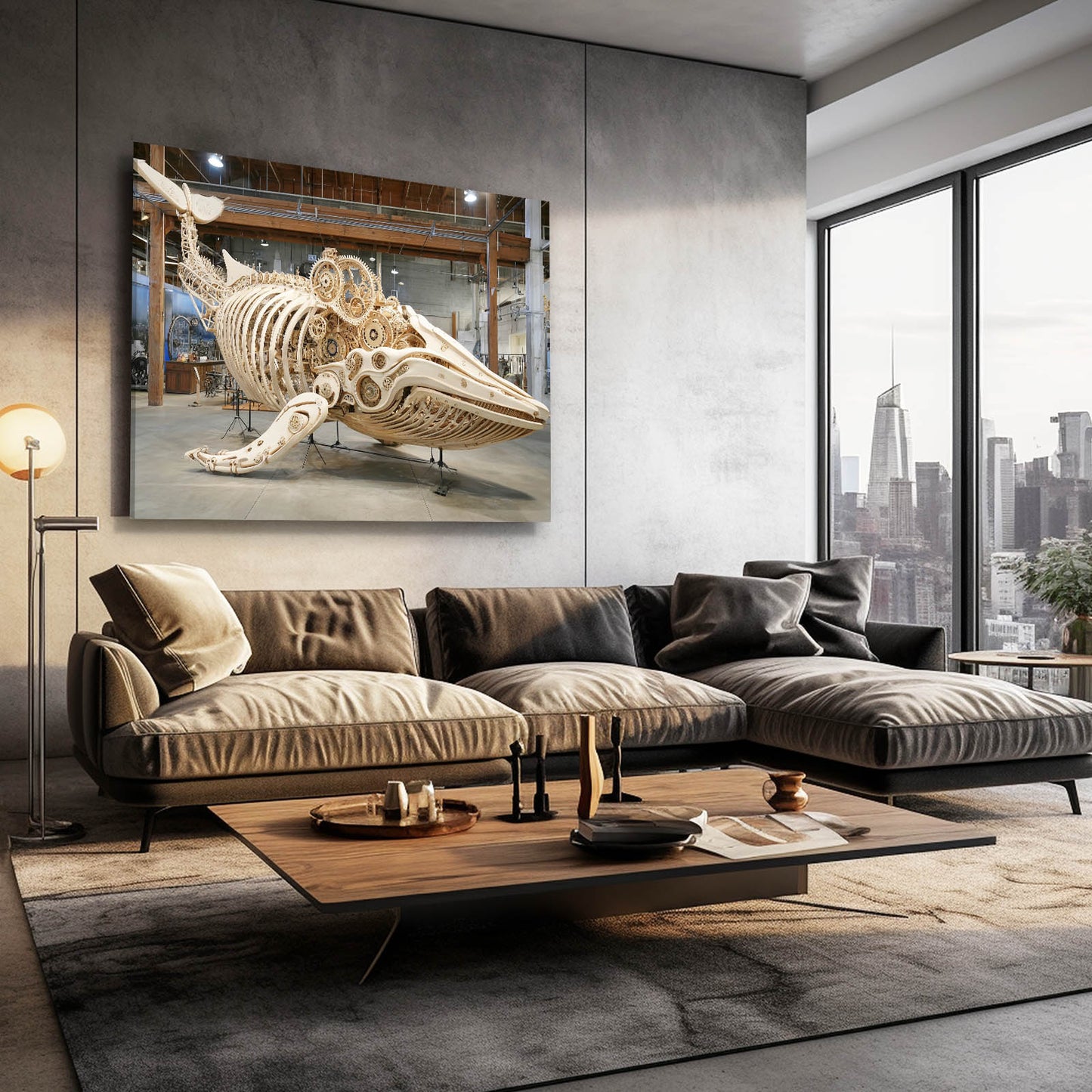 Mechanical Whale Skeleton Steampunk Canvas Art – styled in a furnished interior