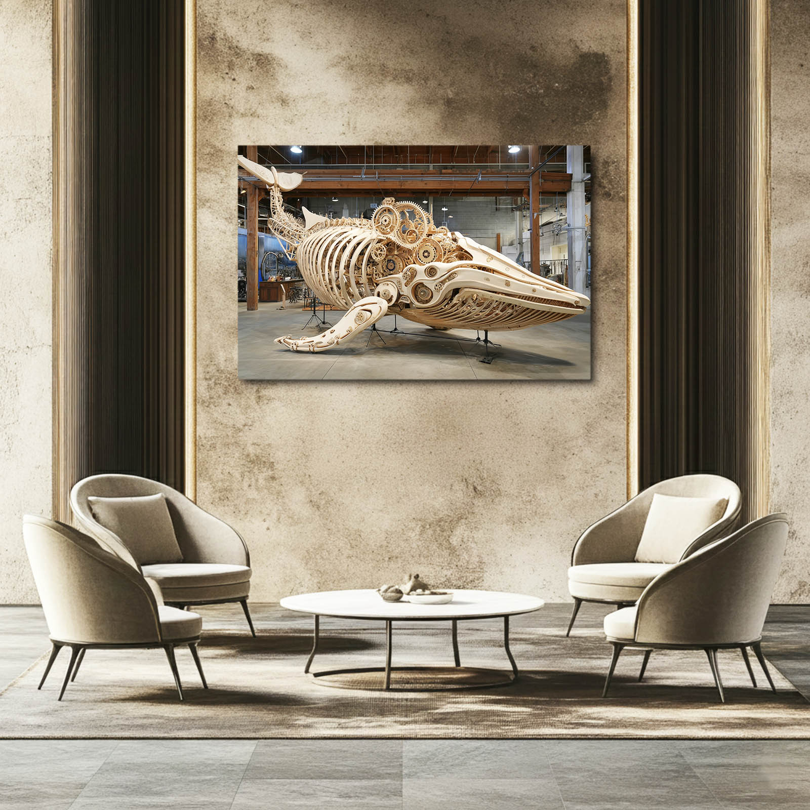 Mechanical Whale Skeleton Steampunk Canvas Art – styled in a furnished interior