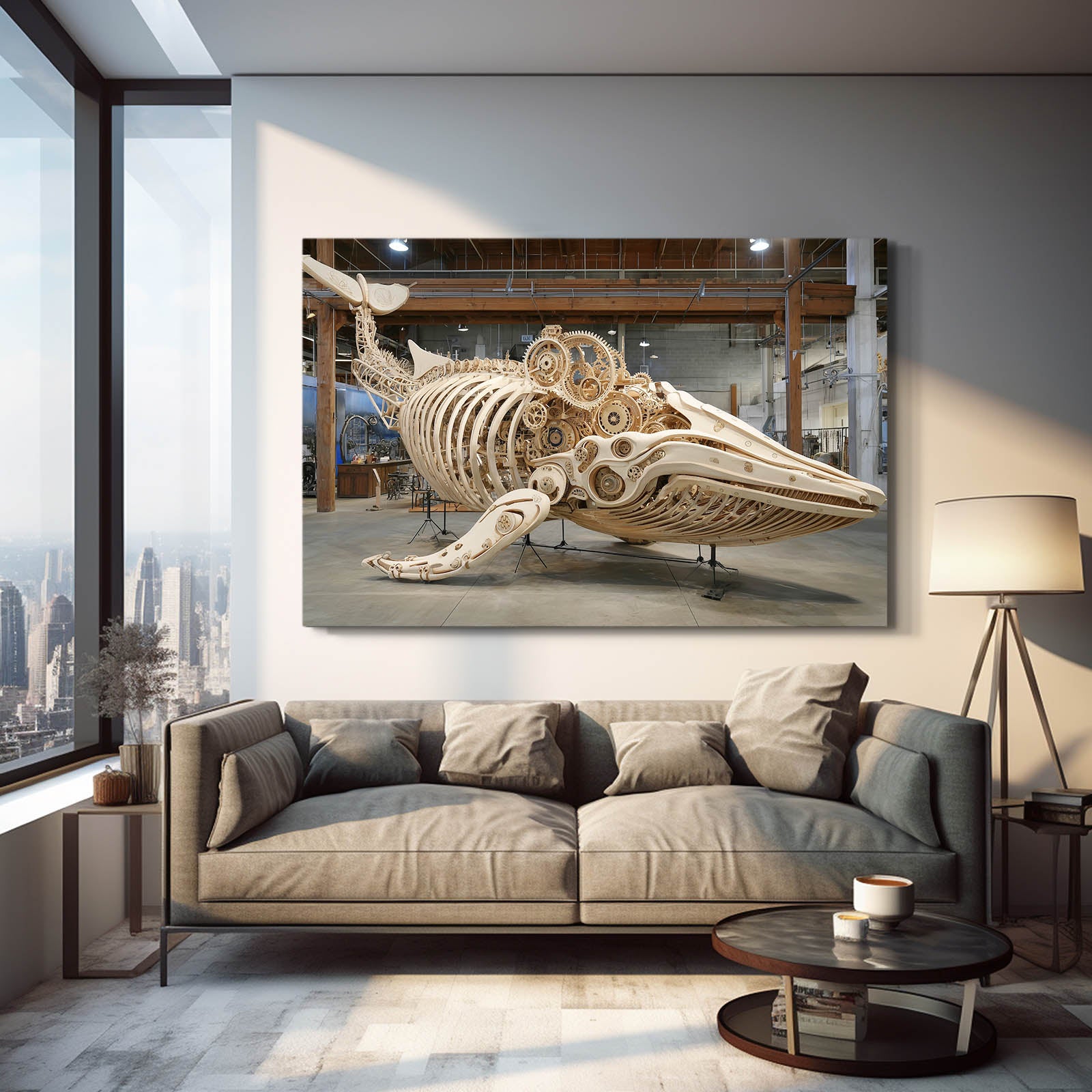 Mechanical Whale Skeleton Steampunk Canvas Art – styled in a furnished interior