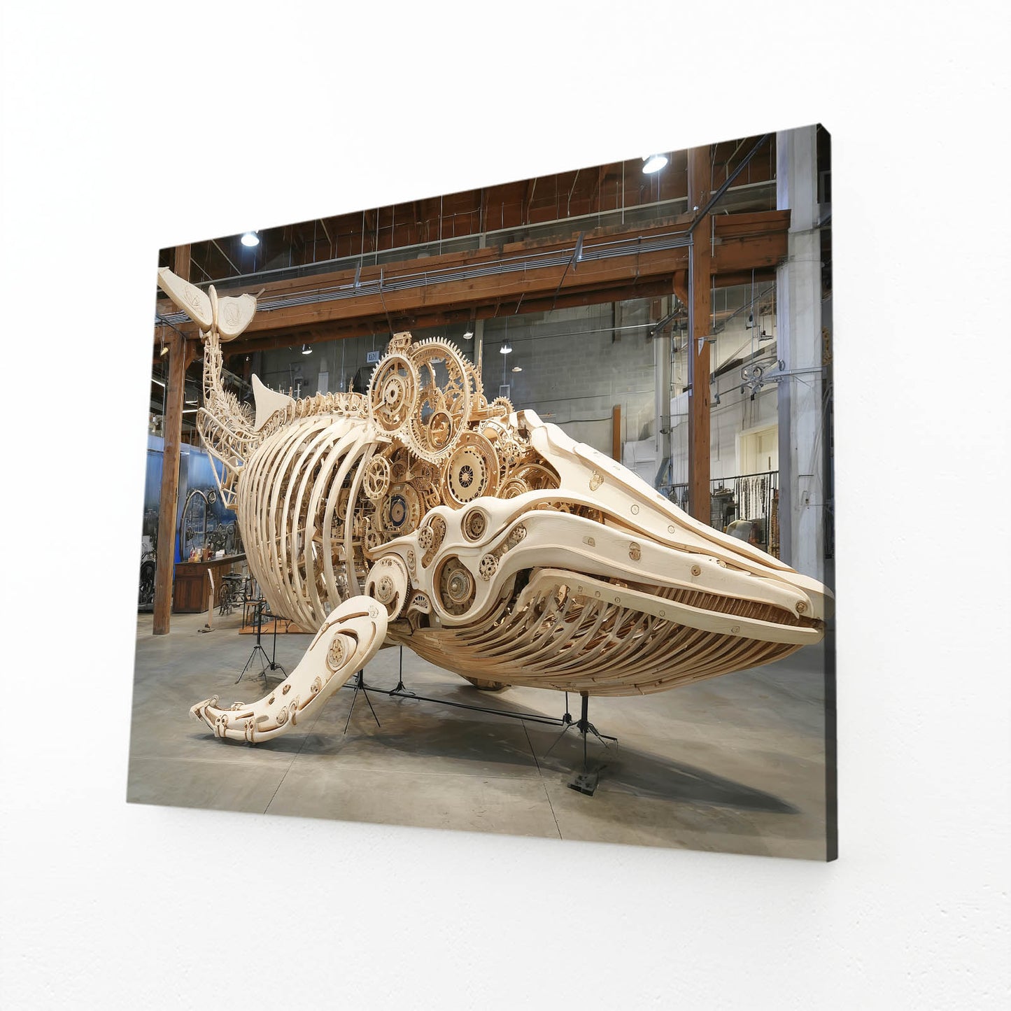 Mechanical Whale Skeleton Steampunk Canvas Art – angled canvas view on white background