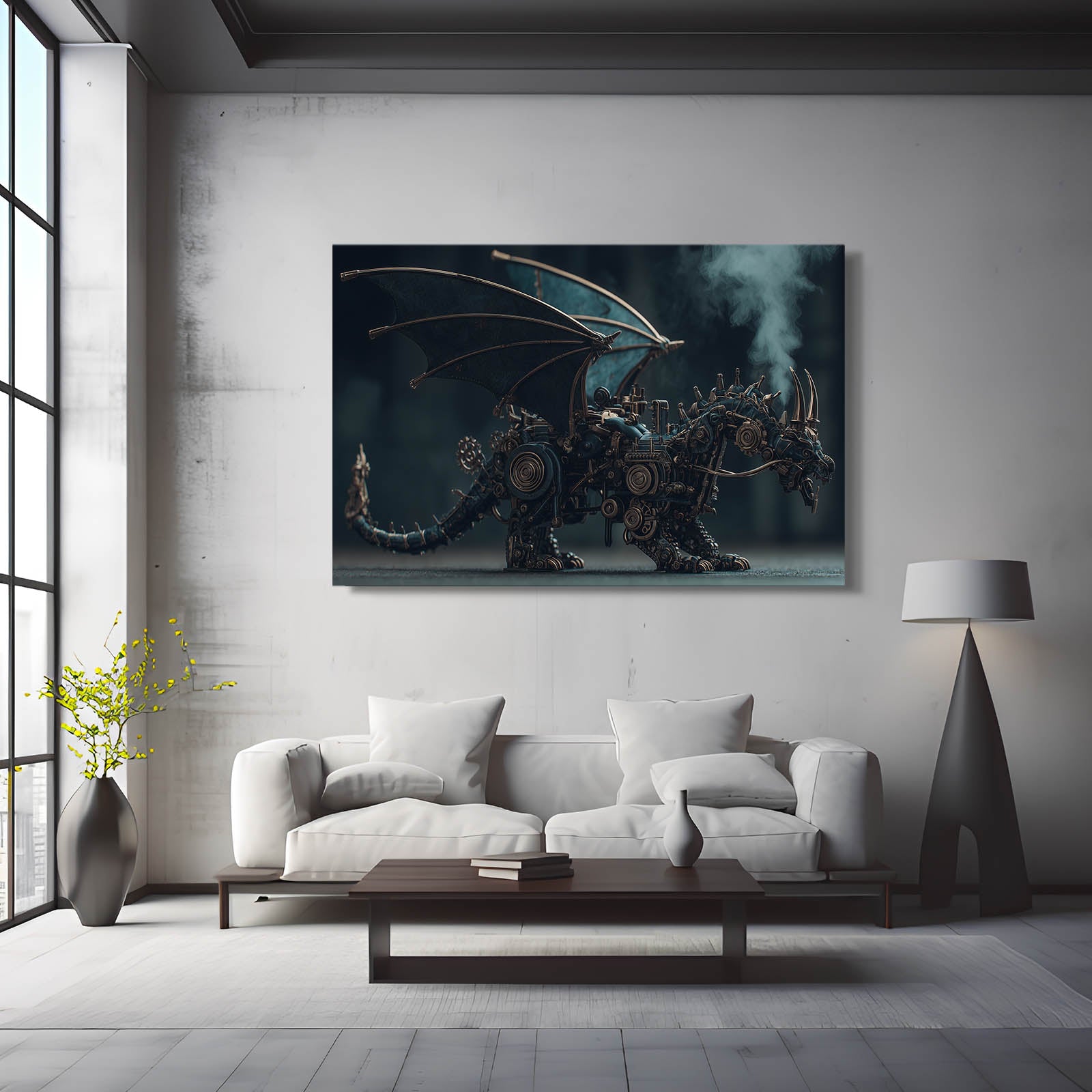 Mechanical Winged Dragon Steampunk Canvas – styled in a furnished interior