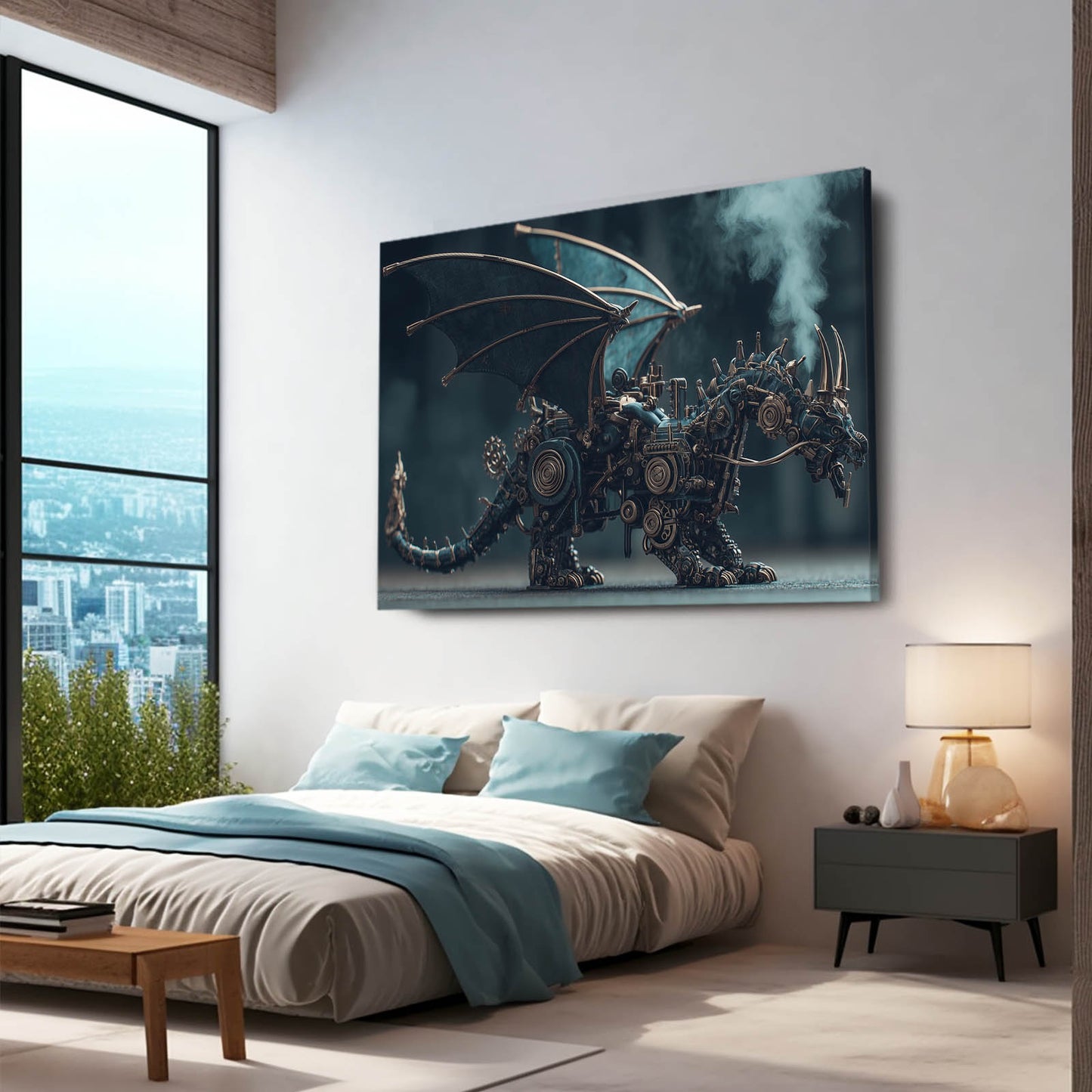 Mechanical Winged Dragon Steampunk Canvas – styled in a furnished interior