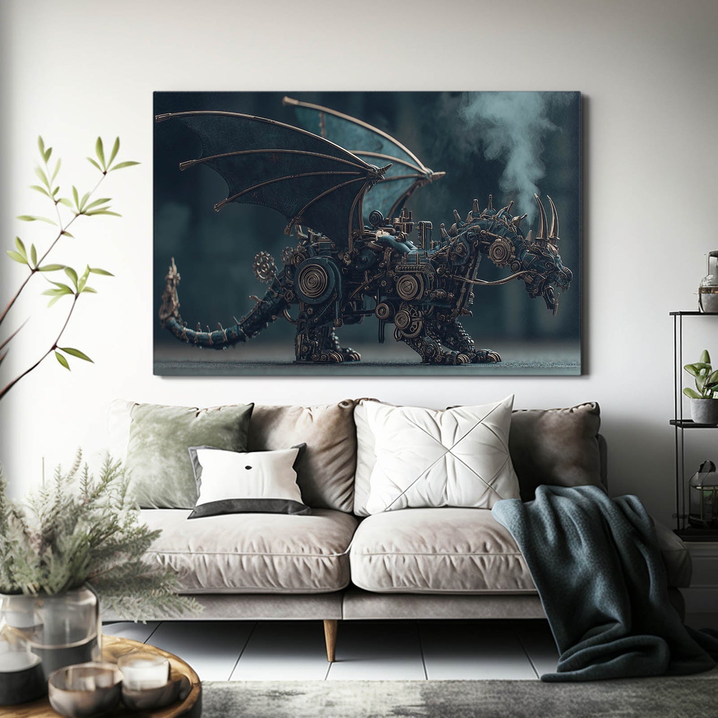 Mechanical Winged Dragon Steampunk Canvas – styled in a furnished interior