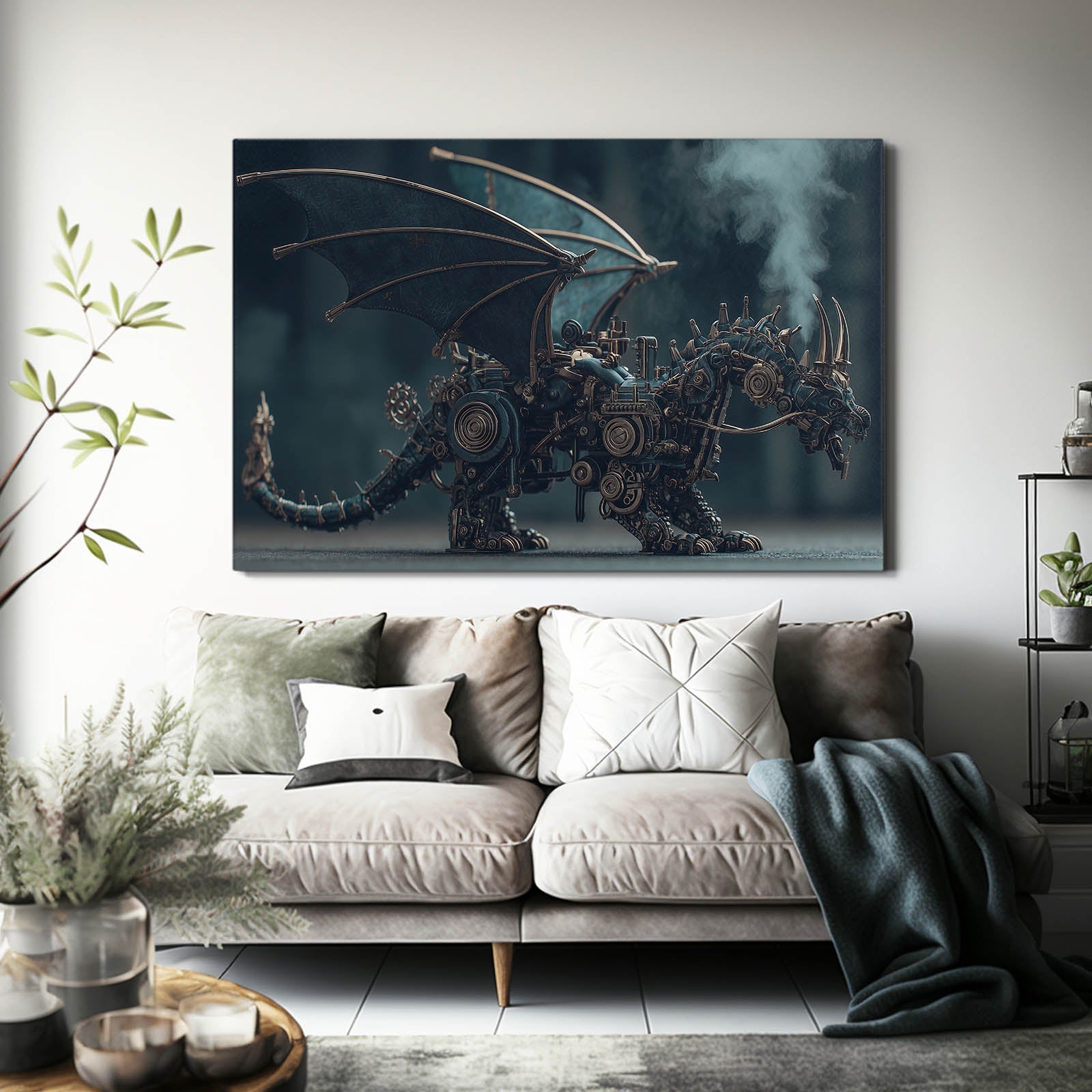 Mechanical Winged Dragon Steampunk Canvas – styled in a furnished interior