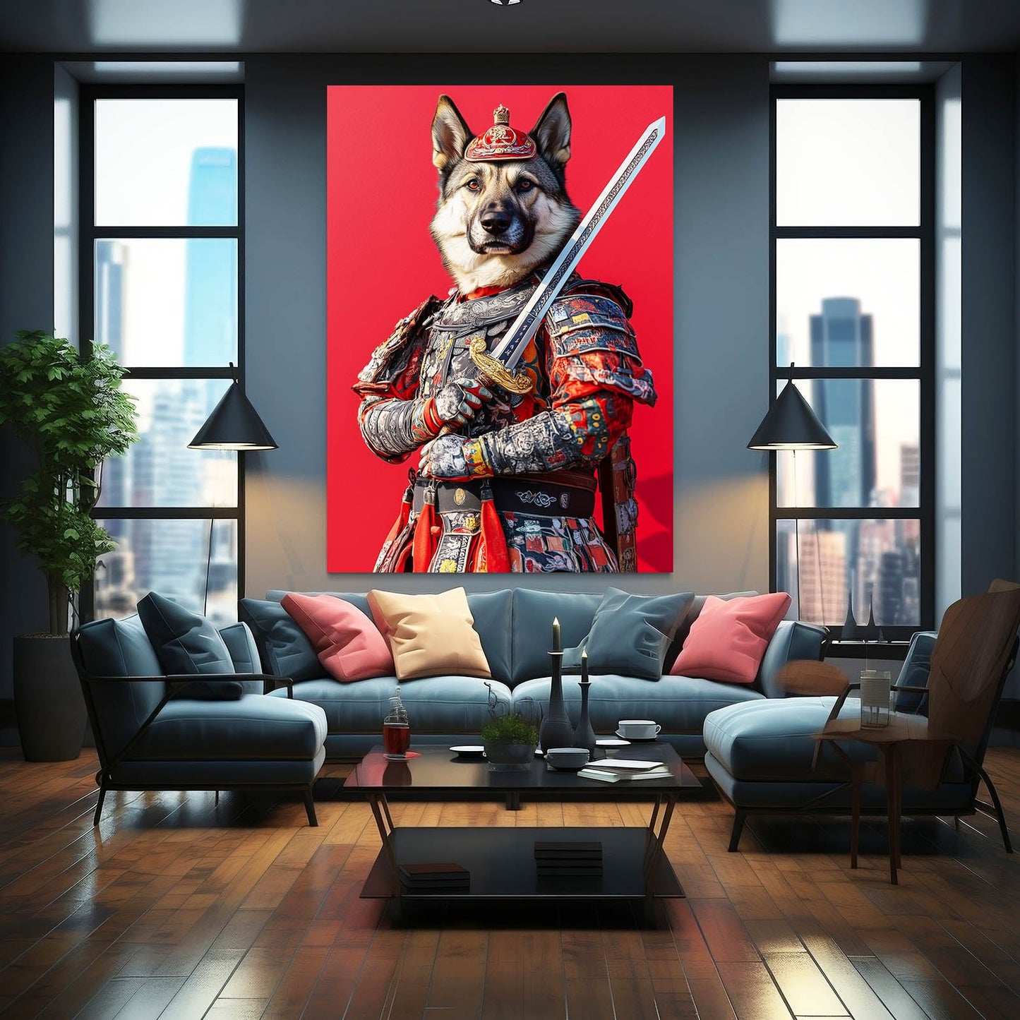 Medieval Dog Art — digital canvas print in red tones, view 3