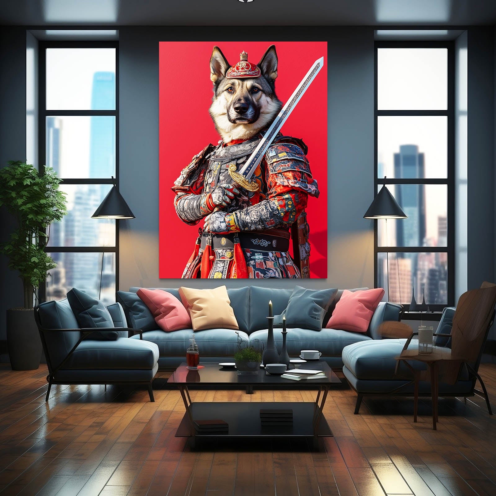 Medieval Dog Art — digital canvas print in red tones, view 3