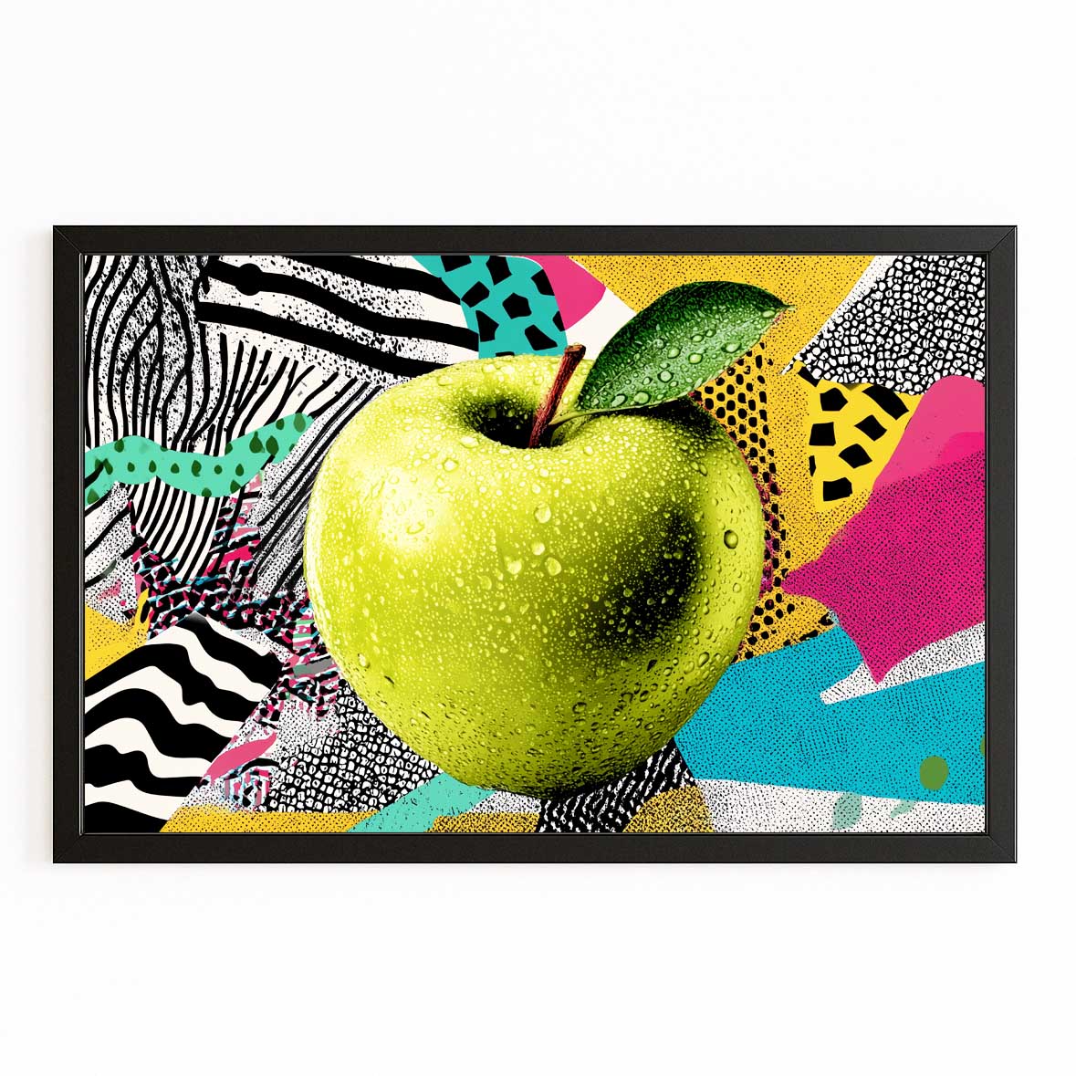 Memphis Pop Collage Apple Canvas – with Premium Black frame on white background