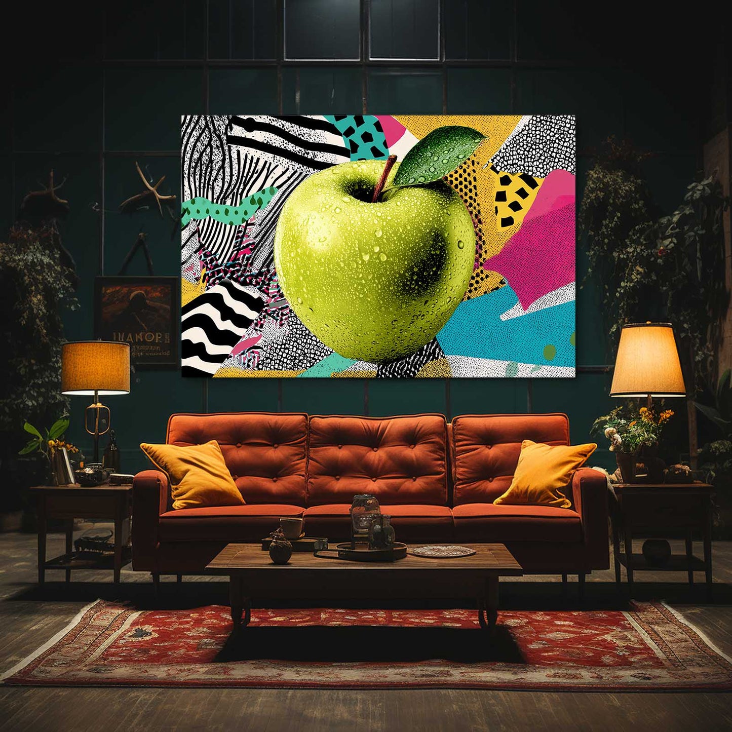 Memphis Pop Collage Apple Canvas – styled in a furnished interior