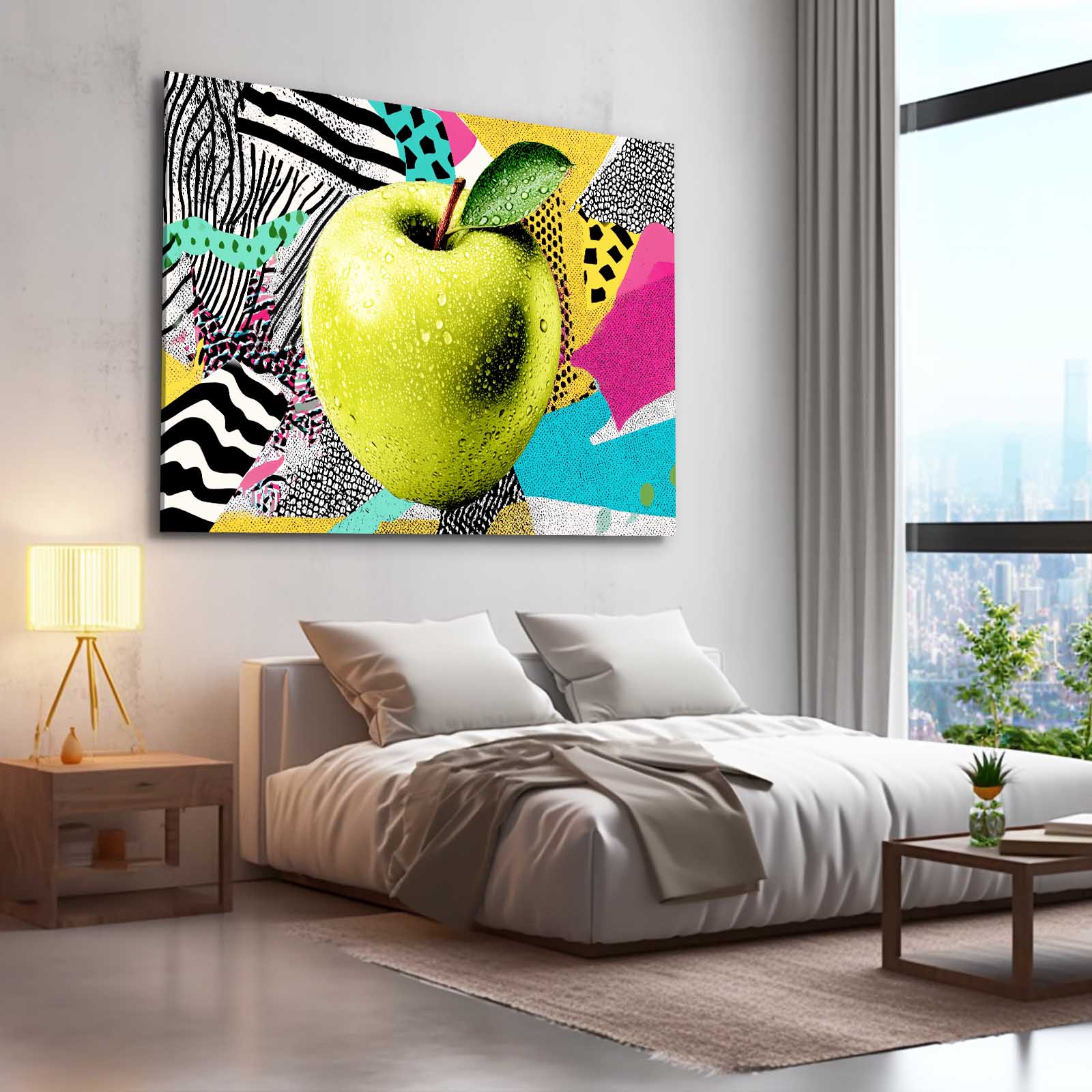 Memphis Pop Collage Apple Canvas – styled in a furnished interior