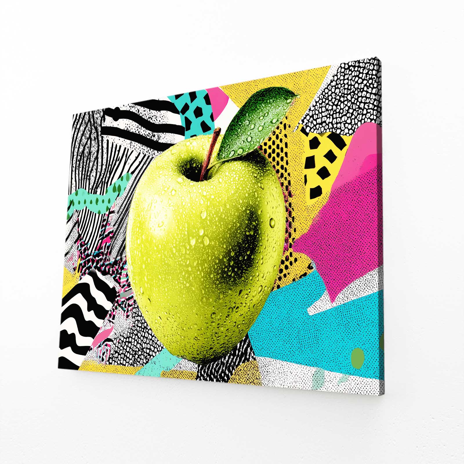 Memphis Pop Collage Apple Canvas – angled canvas view on white background