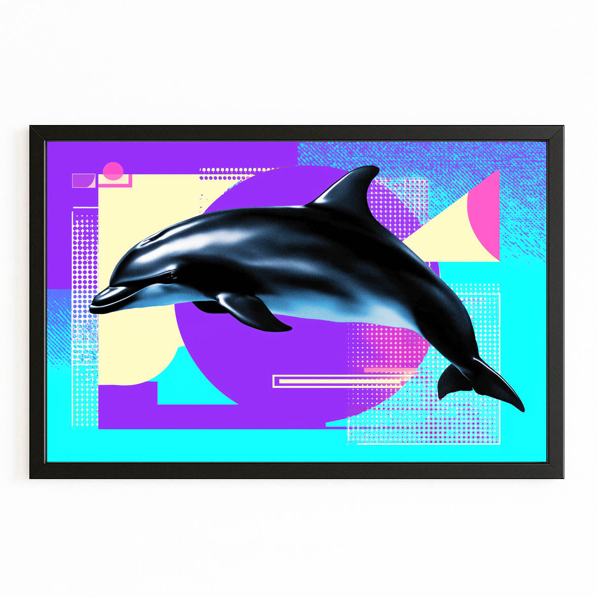 Memphis Splash Dolphin Wall Decor – with Premium Black wood frame on white background