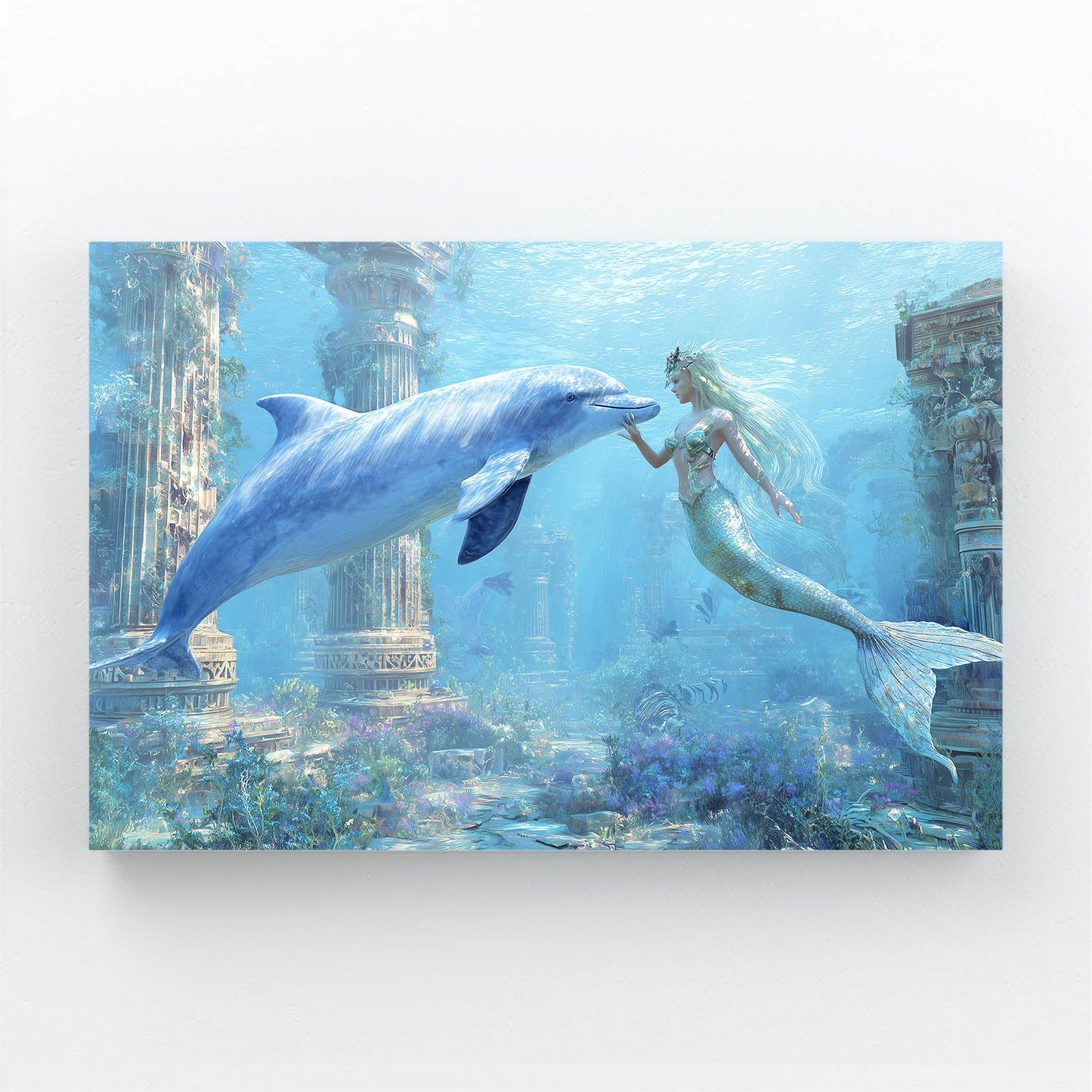 Mermaid Ruins Dolphin Canvas – mermaid reaching out to a dolphin among sunlit underwater ruins