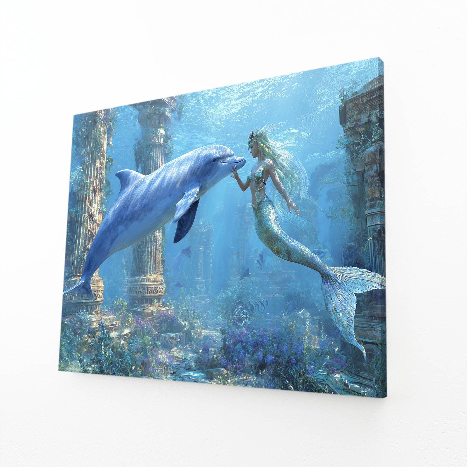 Mermaid Ruins Dolphin Canvas – angled canvas view on white background
